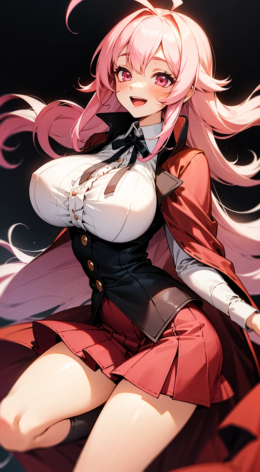 masterpiece, best quality, ultra-detailed, beautiful detailed eyes, extremely detailed eyes and face, 1girl, flarejioral, sidelocks, cleavage, cape, long sleeves, white skirt, pleated skirt, white thighhighs, boots, white footwear, cross-laced footwear, knee boots, ((large breasts)), standing, looking at viewer, smiling, forest, cowboy shot, upper body,