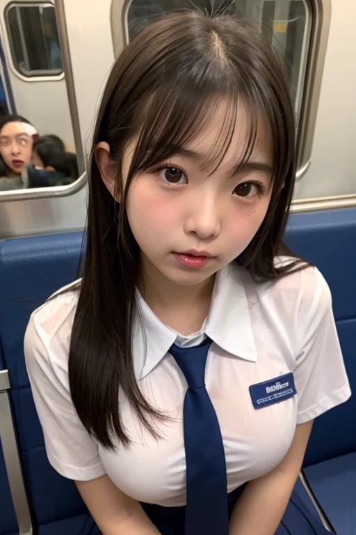 12 year old female、middle School girls、blush、Sit on the train、School uniform、Big Breasts