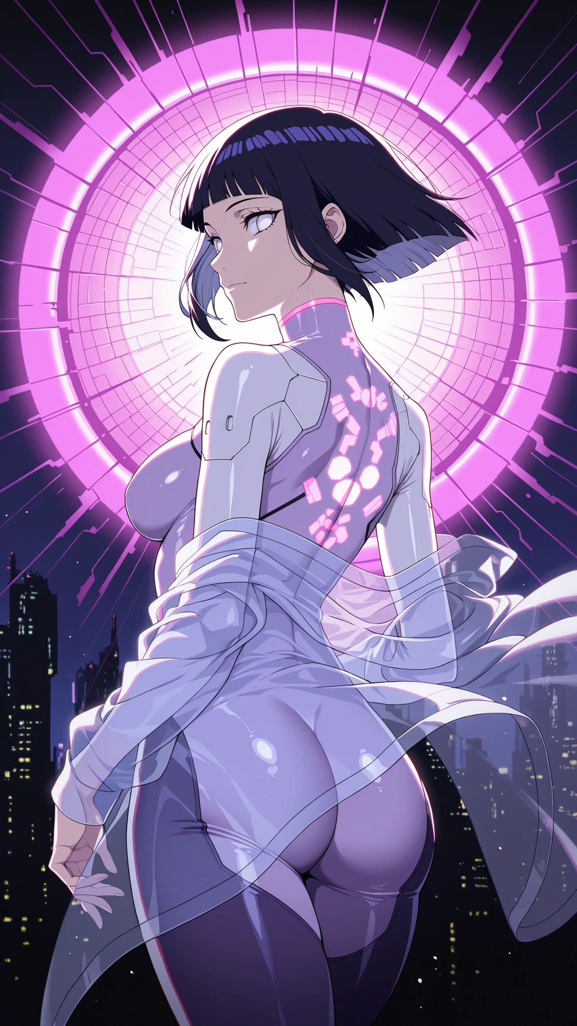 ,BREAK (masterpiece:1.2), best quality, high resolution, unity 8k wallpaper, (illustration:0.8), ultra-detailed cyberpunk city, massive neon explosion in the sky, glass skyscrapers glowing in toxic pinks, greens, purples, neon signs everywhere, streets reflecting the chaos of color, oversaturated hues, vibrant reflections, cinematic lighting, surreal color burst, intense atmosphere, 8k, masterpiece, synthwave tones, nightscape, hinata uzumaki, hyuuga hinata, short hair, bangs, black hair, blunt bangs, white eyes, mature female, medium breasts, tight glossy purple bodysuit with deep neckline and neon trims, translucent fabric accents flowing from her waist, glowing medical symbol on her back, confident smirk,looking at viewer,cowboy shot,,wide-angel,transparent coat,serious face,floating hair,from behind,photo from back,
