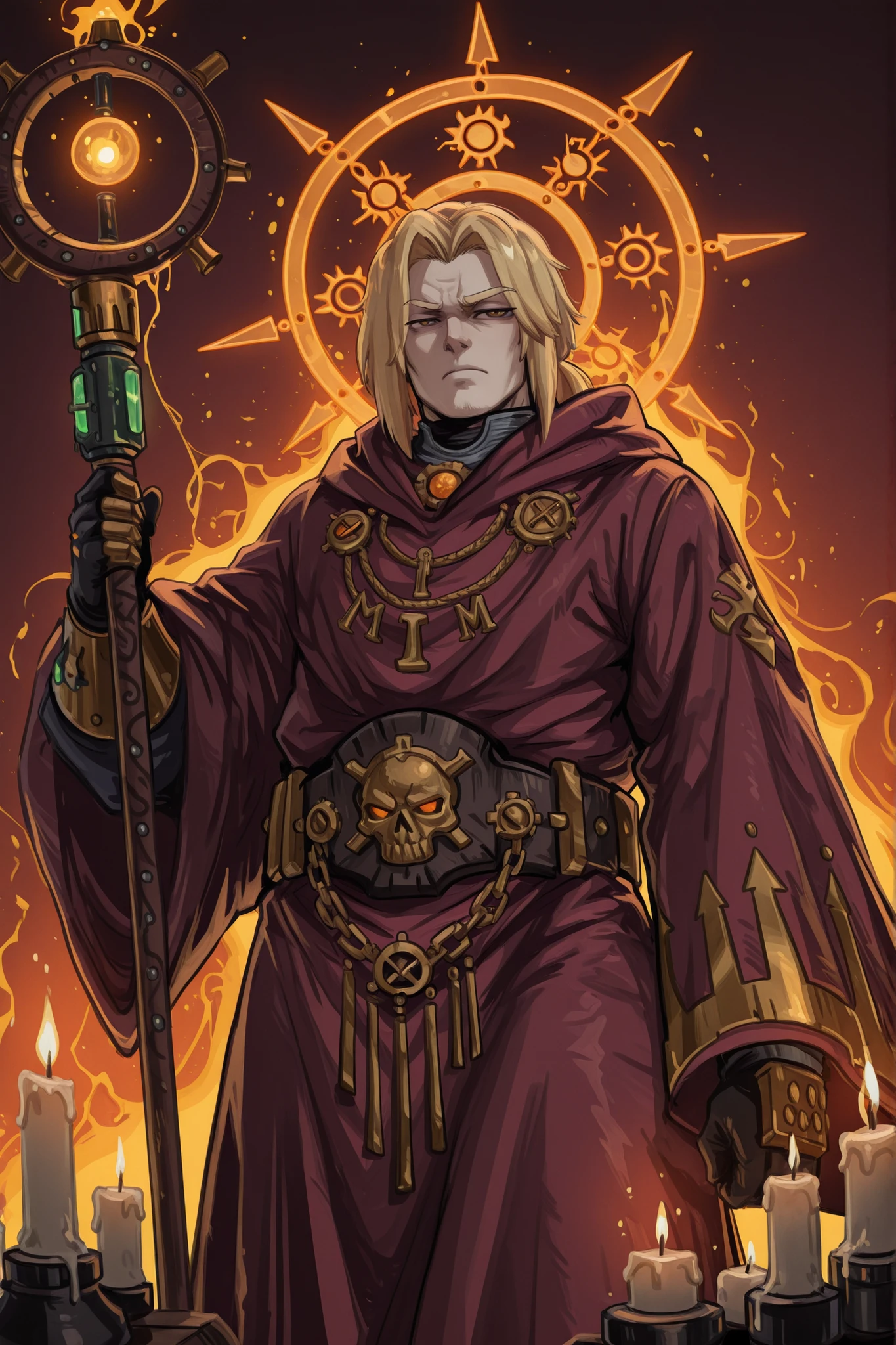 kurenaiz, Drunkr3mbr4ncer, masterpiece, best quality, amazing quality, very aesthetic, high resolution, ultra-detailed, absurdres, newest, warhammer 40k, wh40k, 1man, male focus, ((ONLY MALE)), male character, grown man, solo, blonde hair, brown eyes, Warhammer psyker, elaborate psychic equipment, noble house regalia, flowing robes with intricate patterns, psychic energy wisps, golden aquila symbols, renaissance inspired clothing, Psyker staff, dramatic pose, candlelight ambiance, dark fantasy setting, mystical aura, power manifestation, simple background, BREAK,