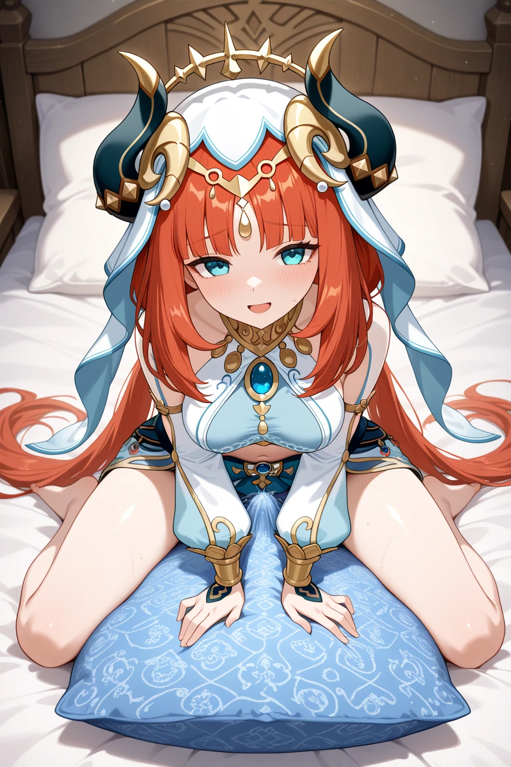 genshin_impact nilou_(genshin_impact) commentary_request 1girl barefoot bed_sheet blue_bow blue_eyes blush bow breasts closed_mouth fake_horns groin headpiece horns incense_burner indoors long_hair looking_at_viewer low_twintails medium_breasts navel night night_sky nose_blush parted_bangs red_hair sitting sky soles solo star_(sky) starry_sky twintails veil very_long_hair wariza window sex_from_behind 