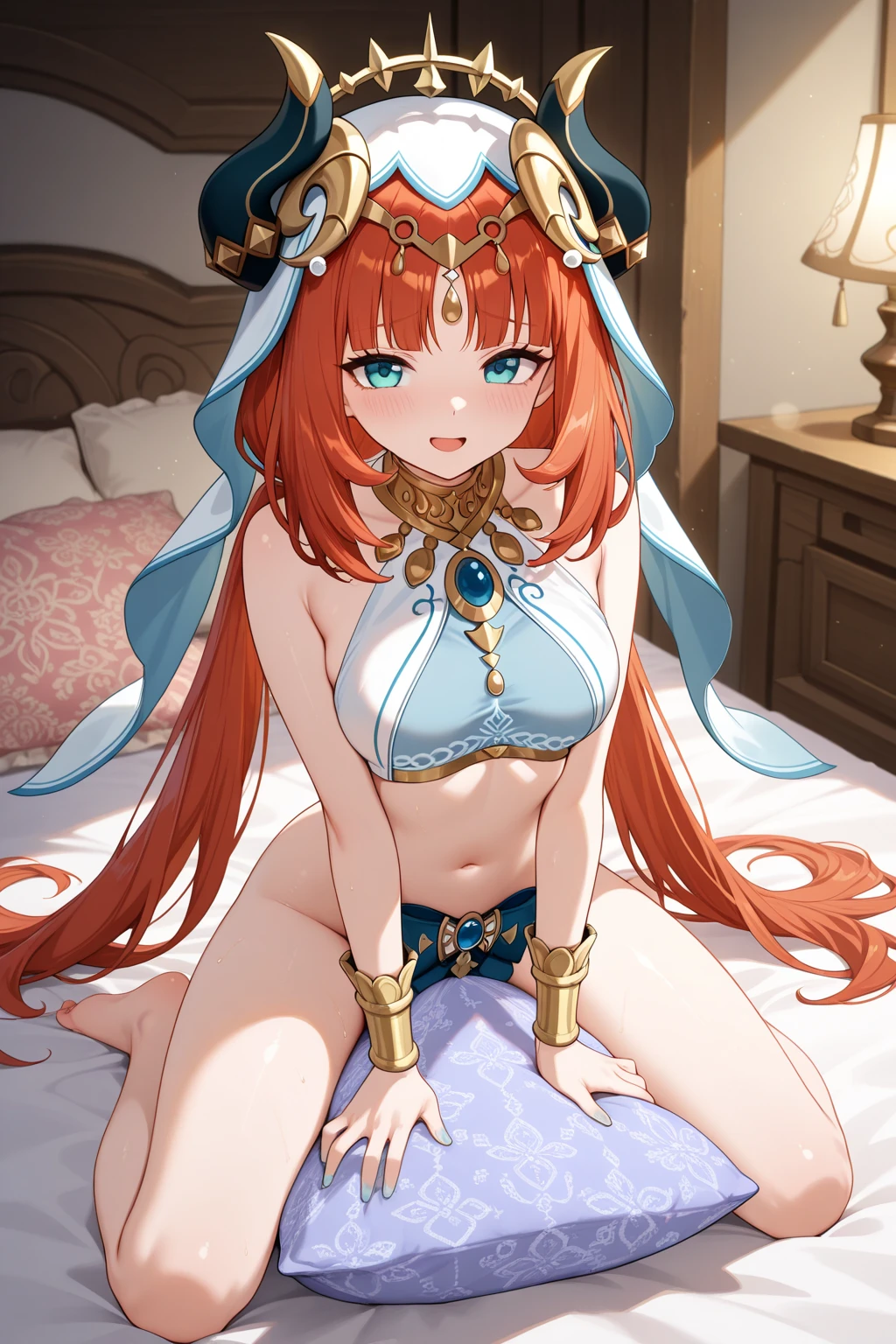 (masterpiece), best quality, expressive eyes, perfect face,Mature female,1 girl (nilou,Genshin impact),(harem outfit,exposed midriff,topless),royal bedroom background,medium breasts,smile,topless,nipple,slim figure,