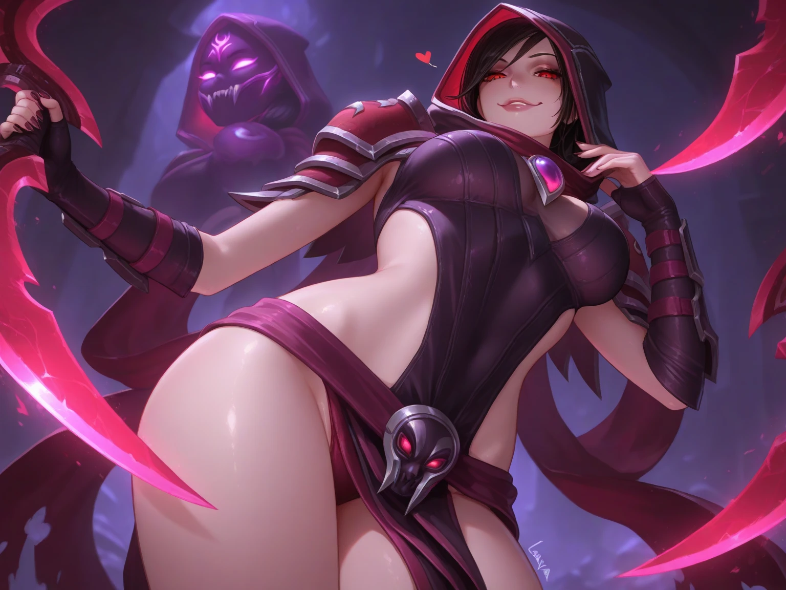 Seris,lips,large breasts,navel,
SerAtt,blindfold,hood up ,jewelry,midriff , cleavage,
skirt , small brown vest, black shirt,
black panties, bare shoulders,
floating,
dark underworld, purple aura,
(insanely detailed, beautiful detailed face, masterpiece, best quality) <lora:Seris:0.8>