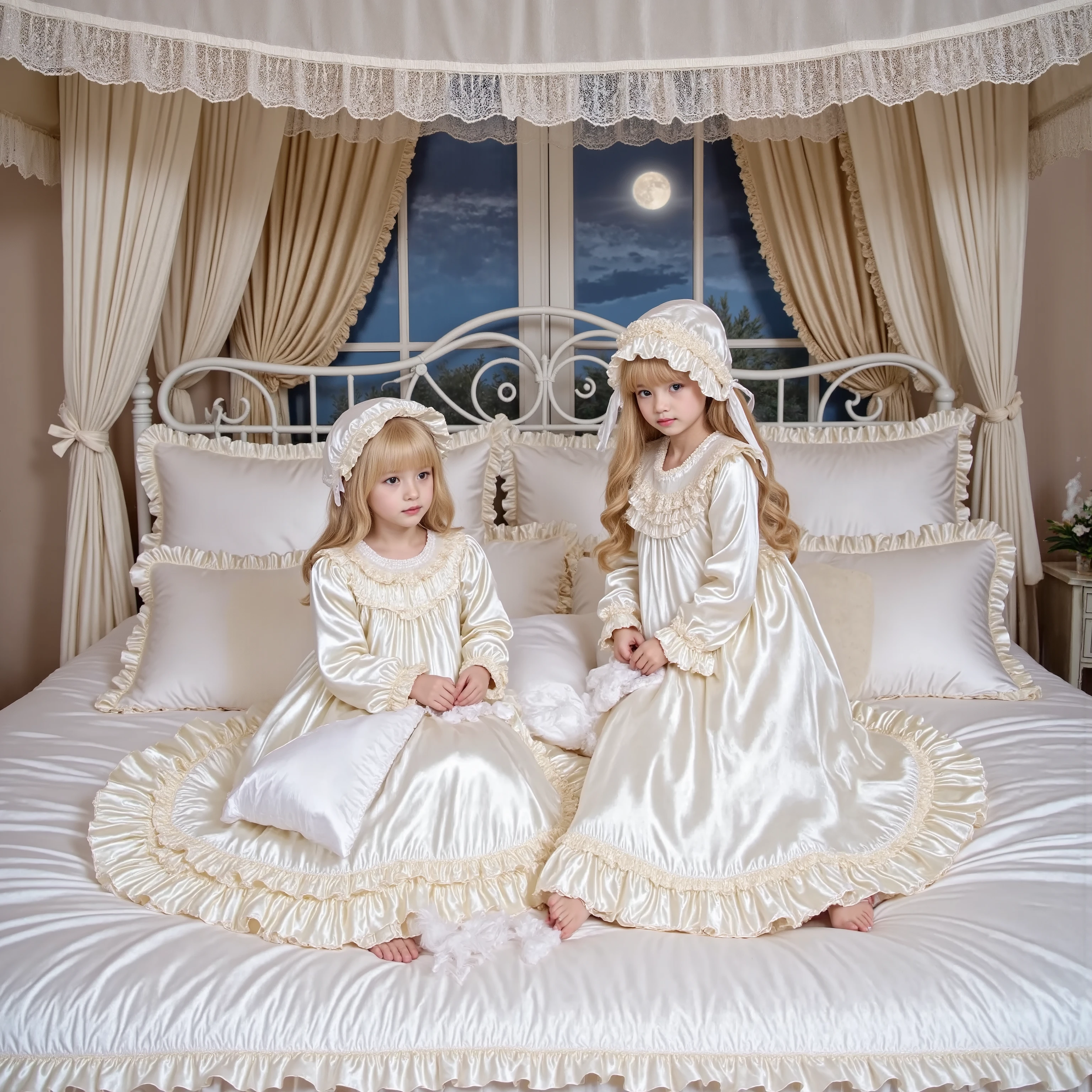 Realistic,highest quality, masterpiece, highest resolution, artwork, super get used to it, many become familiar with, become familiar with, get used to it,change,before bedtime, ,little girl, on the bed,((cute girl on a big bed)),((As a child )), ((little girls pillow fighting on the bed,pillow fight:1.2,)),they have a frilled silk satin pillow,((lot of white feather flying,detailed realistic feather:1.0))((ten years old)),european,((blonde very longhair:1.0)),(((white nightgown with lot of frills and ribbons,1920 style victorian nightgowns:1.2))),((frilled Nightcap with ribbon)),((detailed Yoke collar with ruffles and ribbons,detailed ruffed placket:1.0)),((Long sleeves,puff sleeves with ribbons,frilled sleeves)),((frilled Long skirt up to the ankle:1.0)),((The whole body is reflected)),(inside the palace),(in the bedroom at night),Detailed Night view and moon in the window,Before bedtime,White ruffled socks, Big Bed with Lots of frilled pillows,luxurious canopy bed , ,Four-poster canopy bed,King Size Bed,Bigger bed,frilled pillows,More pillows, soft and smooth comforter,round puffed comforter,Ruffle Lace Silk.retro white pipe bed frame, realistic,((Out of frame bigger King Size Bed:1.2)), curtain with ruffles ,