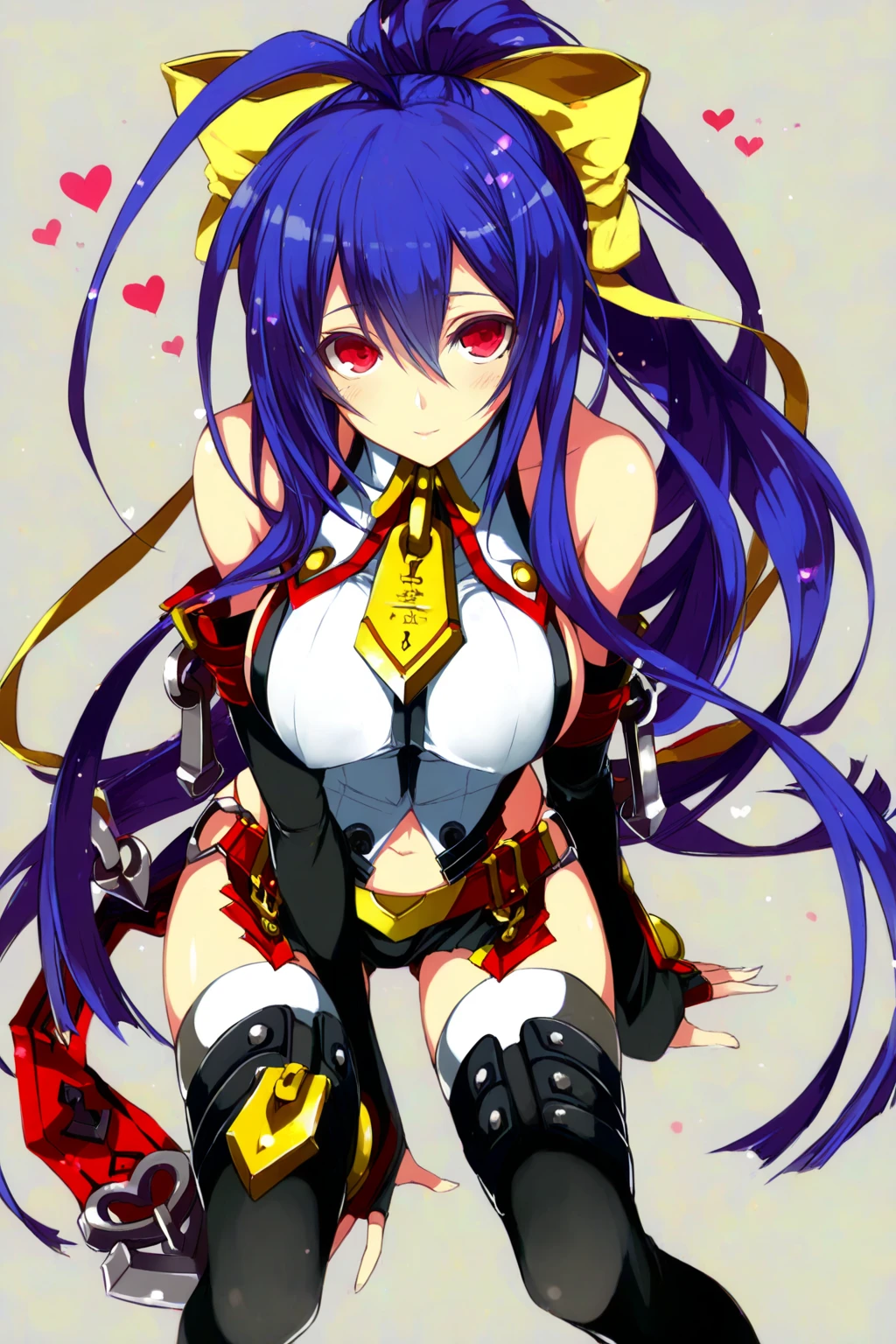 (masterpiece, Highest quality:1.2), alone, One girl, To feel dizzy, smile, View your viewers, Sitting, Hair Ribbon, Removable sleeves, Wide sleeves, underwear, Knee socks, Thigh straps, choker, belt, asymmetrical wings, tail, tail ornament, Bare shoulders, belly button, Cleavage