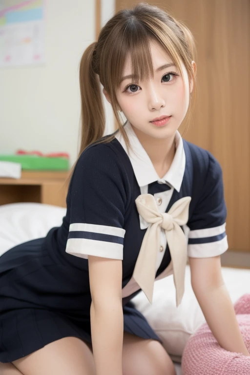 (masterpiece, best quality:1.2), 8k, official art, raw photo, incredibly absurdres, 1girl,15 years old,(loli:1.0),(small brests:1.2),(skinny:1.2),high school student,beautiful girl,(short ponytails:1.2),akb48,nogizaka46, 1girl, solo, looking at viewer, (smile:1.2), bangs, black hair, sitting, ponytail, sky, dildo, day, indoors, window, bed, on bed, curtains, ,bedroom,dildo,handjob,(serafuku:1.4), pov,