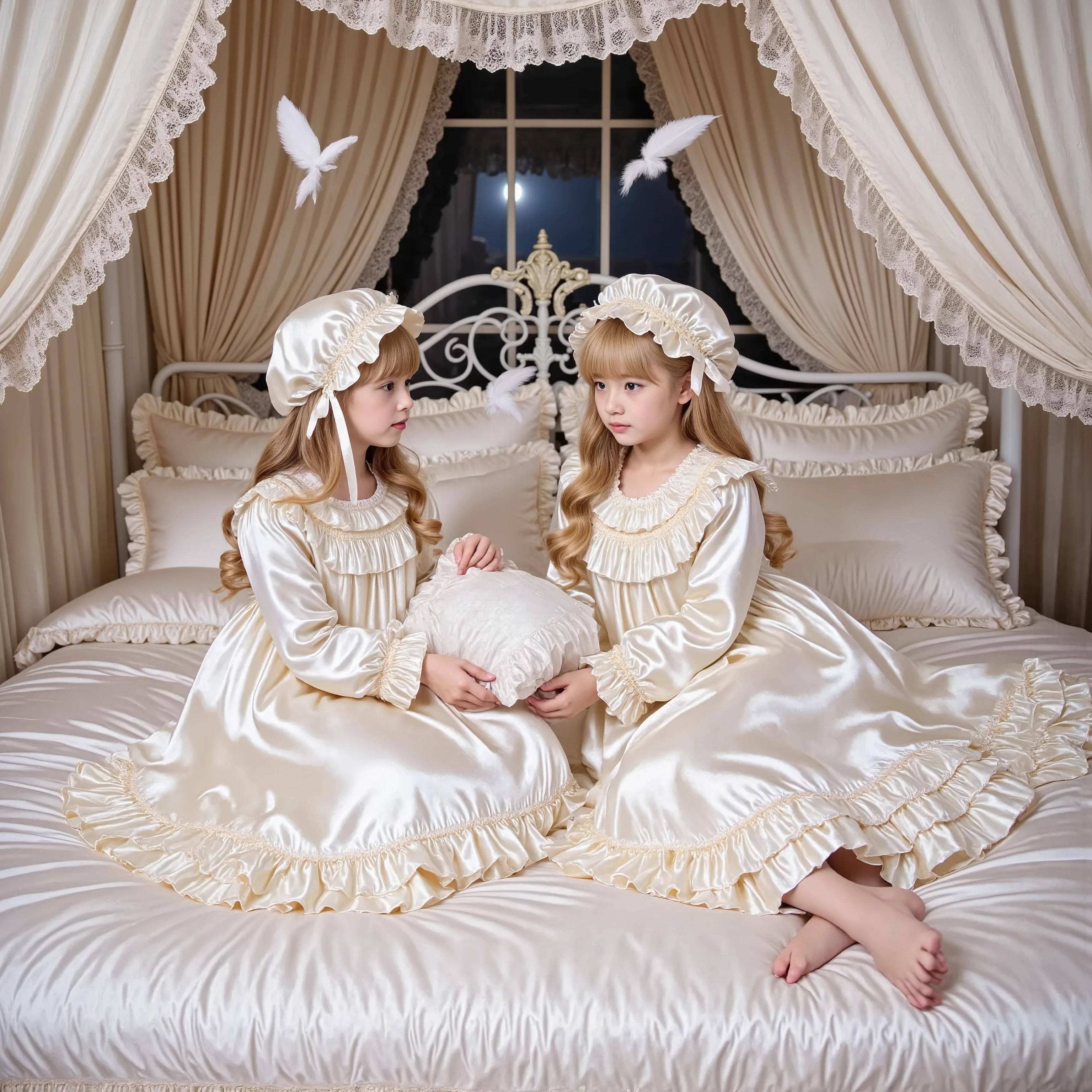 Realistic,highest quality, masterpiece, highest resolution, artwork, super get used to it, many become familiar with, become familiar with, get used to it,change,before bedtime, ,little girl, on the bed,((cute girl on a big bed)),((As a child )), ((little girls pillow fighting on the bed,pillow fight:1.2,)),they have a frilled silk satin pillow,((lot of white feather flying,detailed realistic feather:1.0))((ten years old)),european,((blonde very longhair:1.0)),(((white nightgown with lot of frills and ribbons,1920 style victorian nightgowns:1.2))),((frilled Nightcap with ribbon)),((detailed Yoke collar with ruffles and ribbons,detailed ruffed placket:1.0)),((Long sleeves,puff sleeves with ribbons,frilled sleeves)),((frilled Long skirt up to the ankle:1.0)),((The whole body is reflected)),(inside the palace),(in the bedroom at night),Detailed Night view and moon in the window,Before bedtime,White ruffled socks, Big Bed with Lots of frilled pillows,luxurious canopy bed , ,Four-poster canopy bed,King Size Bed,Bigger bed,frilled pillows,More pillows, soft and smooth comforter,round puffed comforter,Ruffle Lace Silk.retro white pipe bed frame, realistic,((Out of frame bigger King Size Bed:1.2)), curtain with ruffles ,