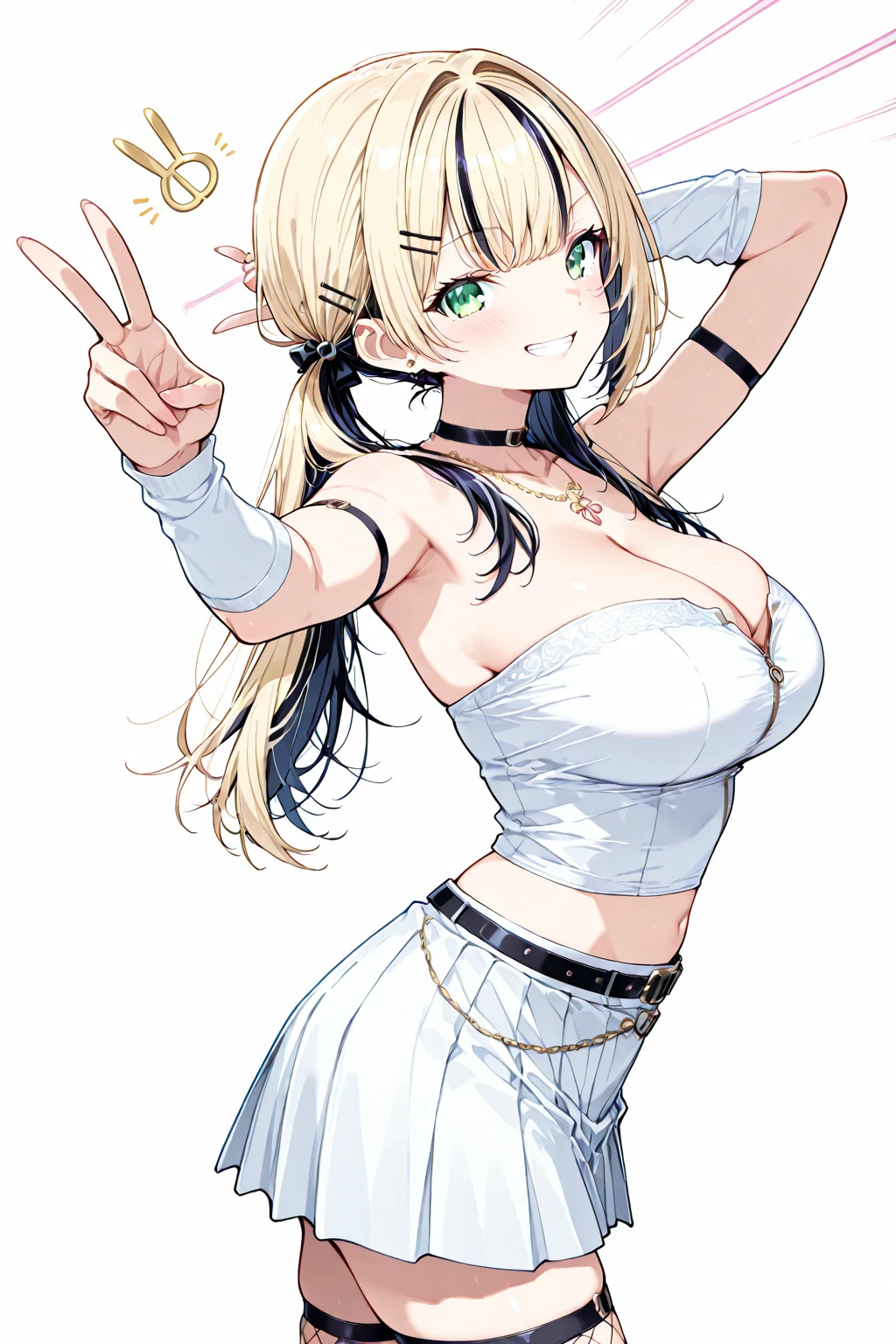 masterpiece, Best quality, watercolor (medium), 1girl, breast, Solitary, Short shoulder-length hair, Cleavage, Blonde pick-dye hair, Jewel green eyes, Bangs, jewelry, skirt, Bare shoulders, sleeveless, Hair between the eyes, 单Scapula, looking at the audience, Photo poses, Hand gesture with index and middle finger raised, large breast, armor, shoulder armor, sleeveless skirt, Upper Body, Single sleeve, white skirt, Scapula, Naughty smile