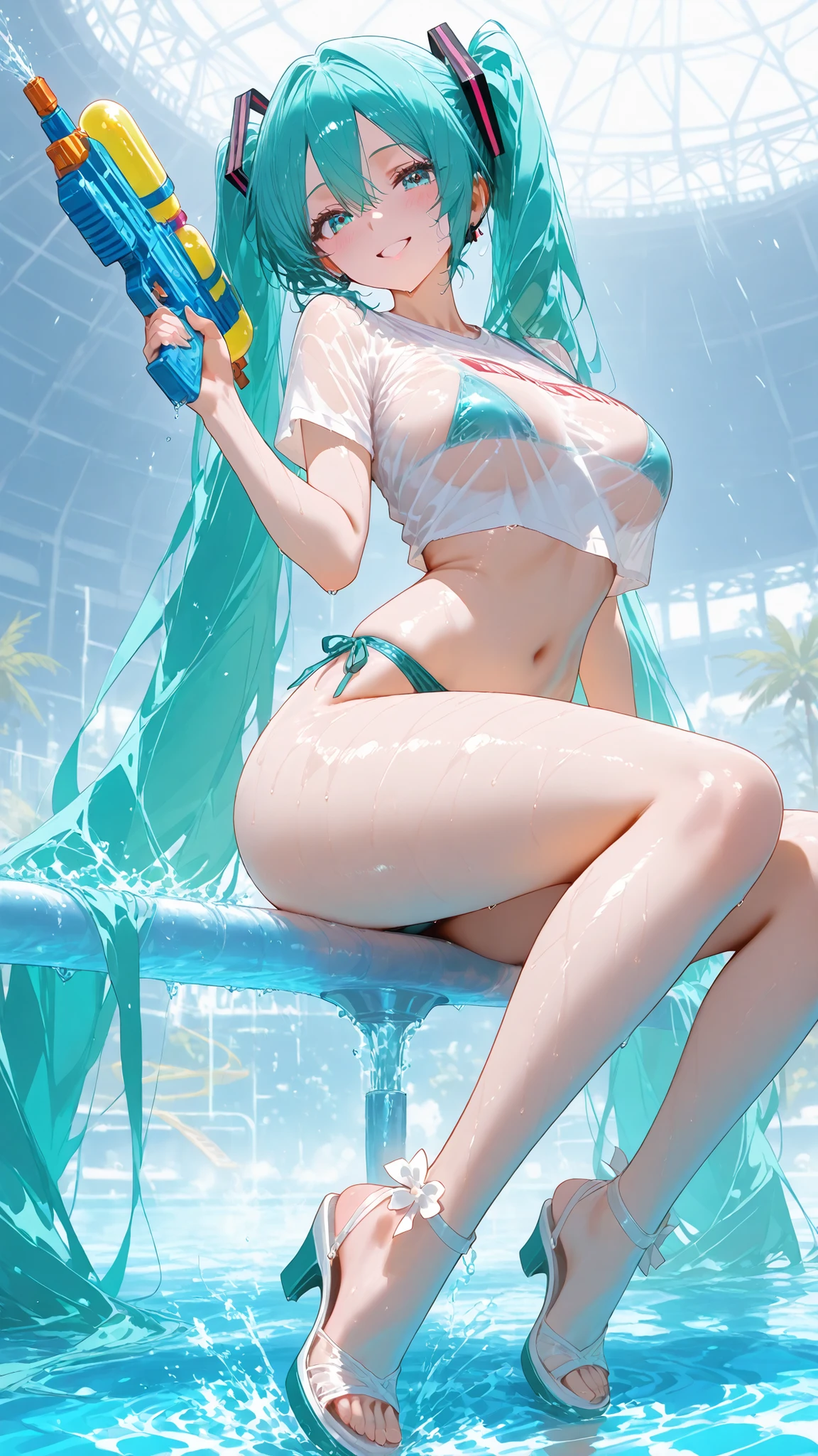 1girll,tmasterpiece,8k,Half realistic,4k,RTX,Shaders,Excellent texture work,the original god,Sweet rain,From《the original god》,White bikini swimsuit,body entangled in tentacles,Aggrieved face,weeping