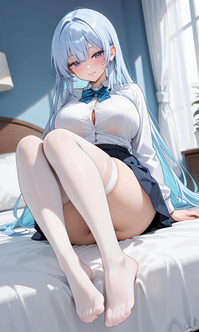masterpiece, best quality, highres, rimuru tempest, blue hair, long hair, huge breast, cleaveage,white  nightie,blush, lewd face,dakimakura