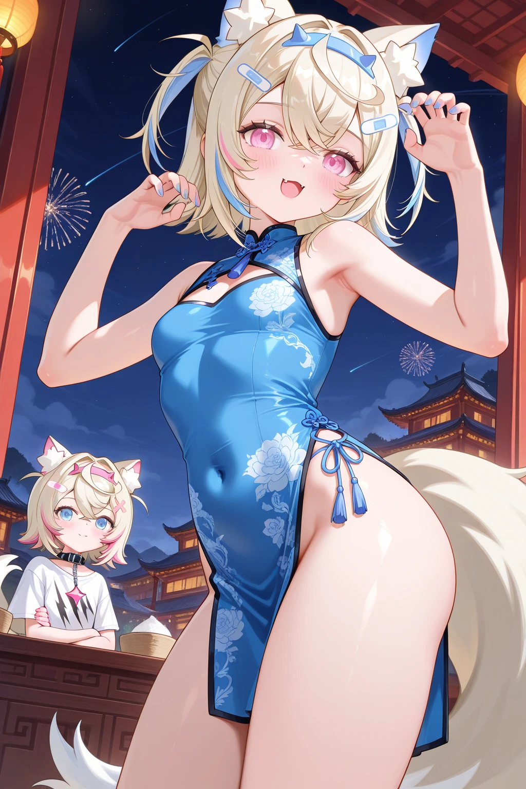 ((masterpiece,best quality)), absurdres, <lora:Yakumo_Ran_Touhou:0.8>, Yakumo_Ran_Touhou, 1girl, solo, blonde, blonde hair, short hair, yellow eyes, fox, fox tail,  solo, smiling, looking at viewer, cowboy shot,  china dress, pelvic curtain, side slit, double bun, bun cover, cleavage cutout, sleeveless, print dress, covered navel, no panties, outdoors, night, torii, shrine, east asian architecture, leaning forward, hand on own thigh, from above, smile,