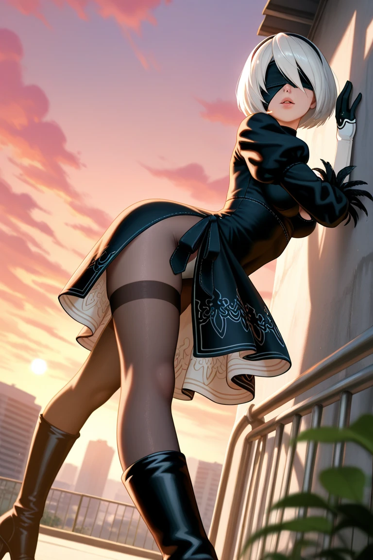 Angle from below,City in Ruins, City, overgrown with plants, Remains, Nier Automata 2b, Grey Bob, Grey Hair, Eyes are covered with bandages, Cyan eyes, Short skirt black dress, Chest neckline, White panties, Black Stockings, Black high boots, High heel boots, Very very beautiful, full length(Bodyful 1.1),Game Nier Automata, Official illustrations with attention to detail, ((Beautiful Fantasy Girl))，Red little chest, Her breasts are sticking out from under her clothes,8 heads,break (Master Parts: 1.2), Highest quality, High resolution, Photorealistic, Photogenic, unity 8k wallpaper, (Illustration: 0.8), (Beautiful, exquisite bluish-grey eyes: 1.6), Highly detailed face, Perfect lighting, Highly detailed CGI , (Perfect Arms, Perfect Anatomy), Girl with perfect breasts, Beautiful Face, Master Studies, Intricate details, Realistic details, anime, (Based on Nier Automata) Perfect body, Perfect pointy breasts, Erect nipples,Perfect Girl, Perfect detail, Ultra HD |, 8k, Professional photos, 2B shows off her sexy body,squat,Wet crotch,Expression with a sense of organization,Sweat from the crotch,Urinating,The genitals are visible,Have pubic hair,