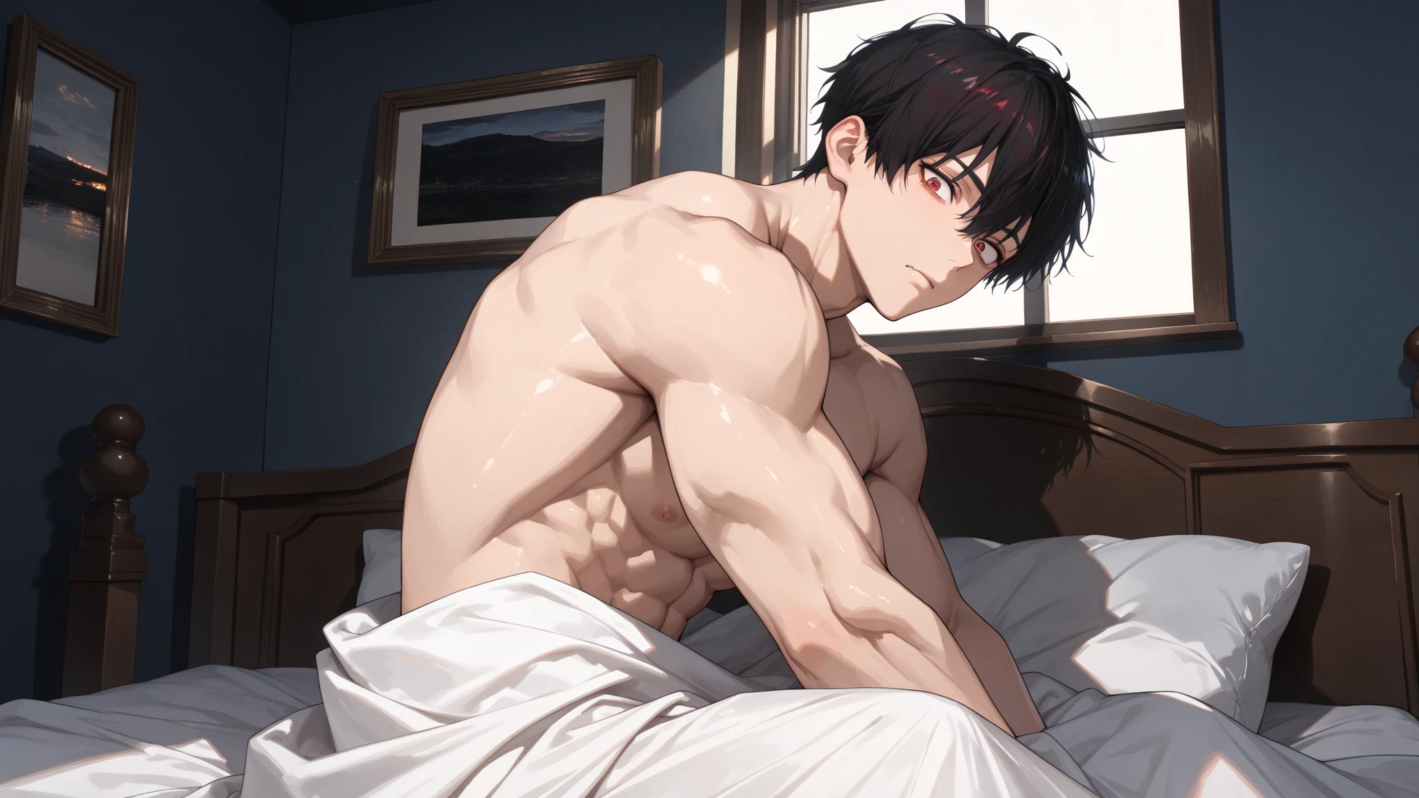 Meisterwerk, best quality, Ultra-detailliert, Illustration, Epische Beleuchtung, Filmische Komposition, isometrisch, 1man, nur, stattlich, Elderly man, tired brown eyes, schwarzes Haar, kurzes lockiges Haar, hellbraune Haut, black tanktop, schwarze Boxer, Zauberhafter Blick, Fesselnde Pose, drinnen, Schlafzimmer, muscular, strong, Blick auf den Betrachter, large pectorals, dicke Oberschenkel, flush, geschlossener Mund,(8K:1.1),