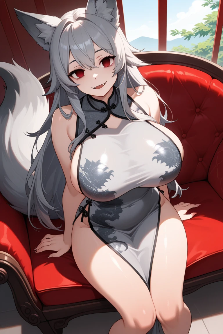 8k, masterpiece, high quality, extremely detailed anime wallpaper, Volume ( nod),1 girl, milf, Whole body, Alone, Fenrir, huge breasts, toned body, by white, yellow eyes, very long hair, Chapped lips, sharp teeth, lustful smile, sharp claws, wolf girl, wolf ears, wolf tail, ahqipao, wariza, transparent bikini, white thighs, hands on one&#39;s hips, garden, NSFW, paizuri,sex, ultra high quality, 