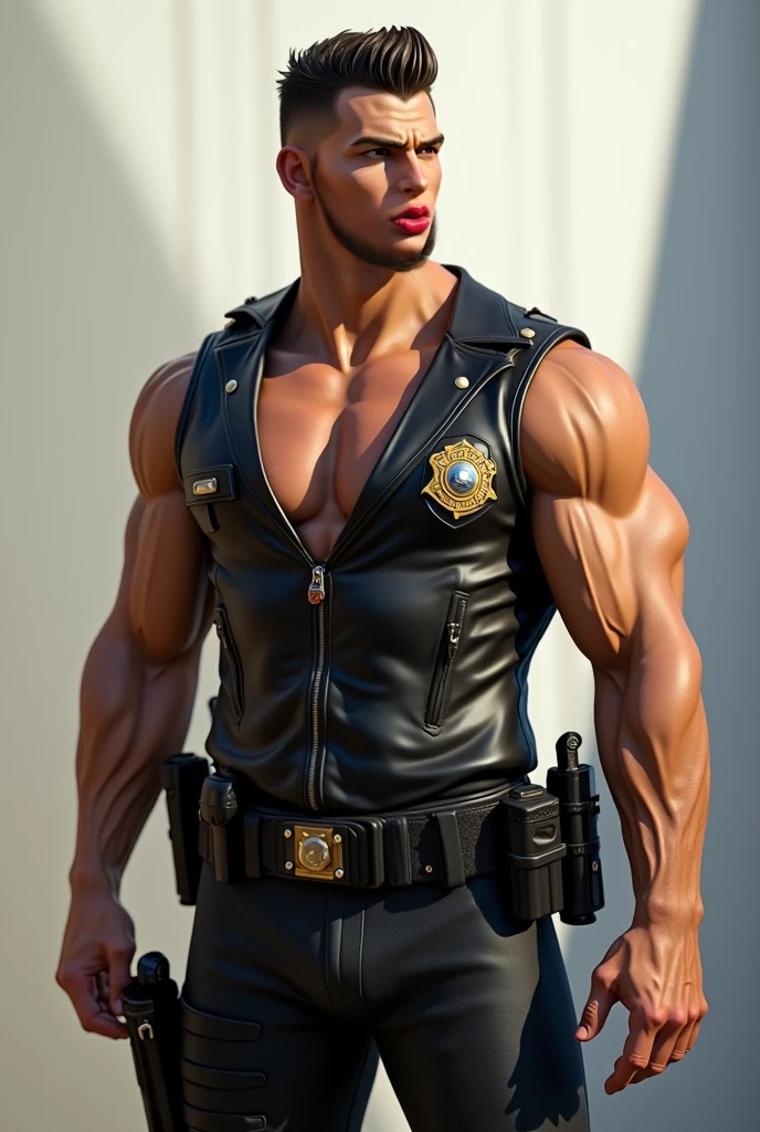 a hot man, full body, police officer, fleshy lips, blue big eyes, strong arms and sholders, wearing a police uniform with big bulge,  black leather boots,  Cap on head, golden dark skin, in a hot day at the park, art by tom of finland, gaston bussiere, Alphonse Mucha, William-Adolphe Bouguereau.