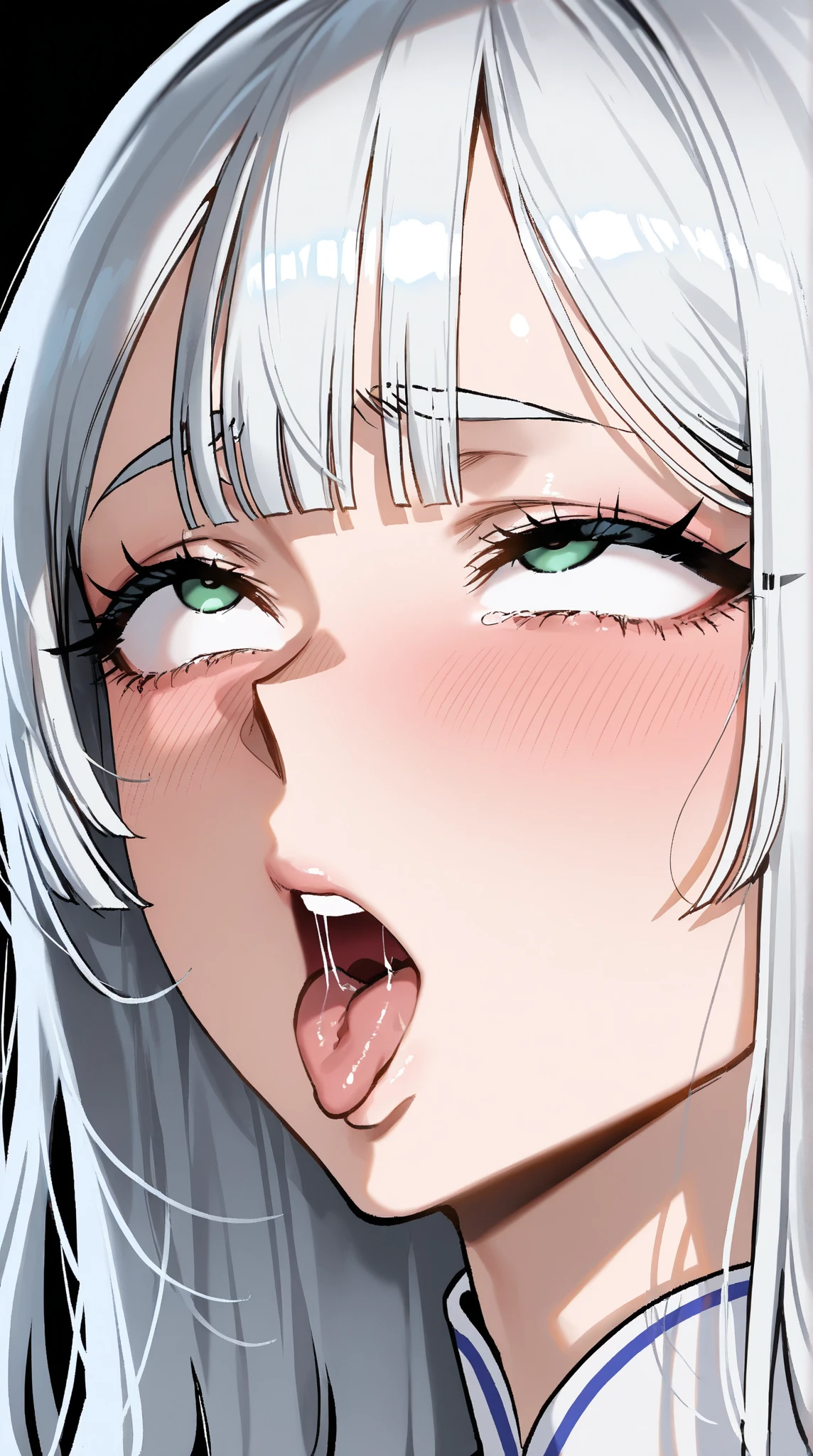 [1girl, Izumi Sagiri, eromanga sensei], white hair, beautiful detailed eyes, black eyes, half-closed eyes, (opened big mouth, licking, Sticky tongue), nsfw, (close-up mouth), (curvy, Slender),(cleavage), from above, Highest quality, Super detailed, masterpiece, Ultra-high resolution, 8k, Embarrassing, blush, Lovely, (With tears in her eyes and her mouth open), Sticky saliva