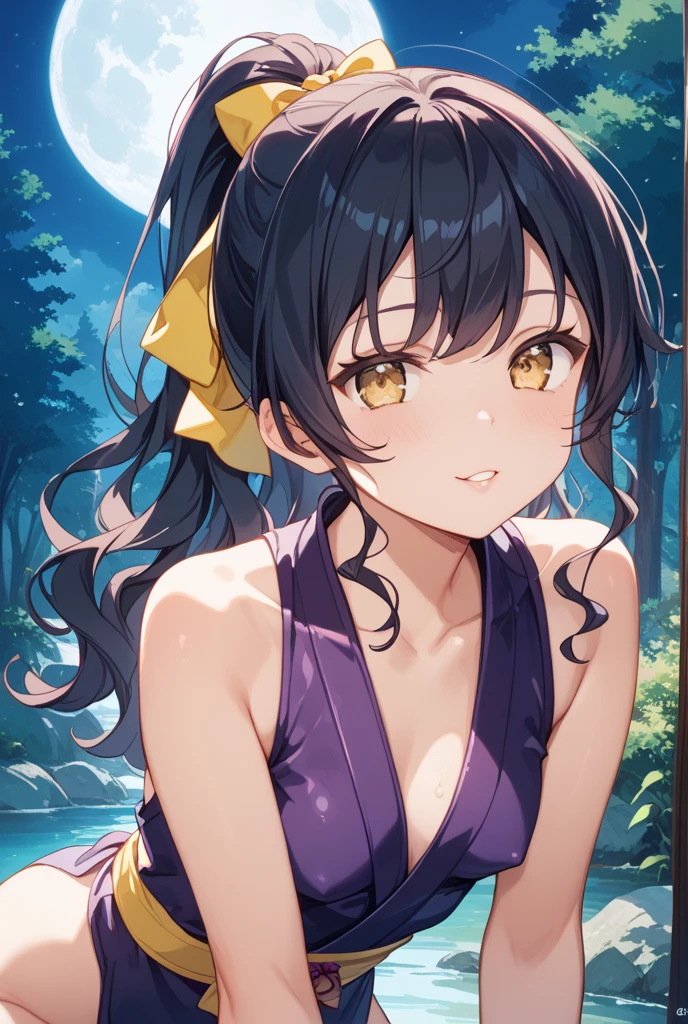 masterpiece, best quality, high quality, extremely detailed, very delicate and beautiful, (2 female 18 years old two:1.3), (long black hair up to waist with two side up:1.4), bangs to eyebrows, eyes (eyes sharp and strong with glossy glossy eyes, eyebrows glossy, (eye color magenta:1.3), 6.5 head height, (summer flower print in bikini swimsuit:1.3), (hugging: 1.3), (smiling: 1.3), (bathing and wet: 1.3), (dynamic pose), (background summer river and forest: 1.3), (Milky Way Night Sky: 1.3), (upper body:1.3)