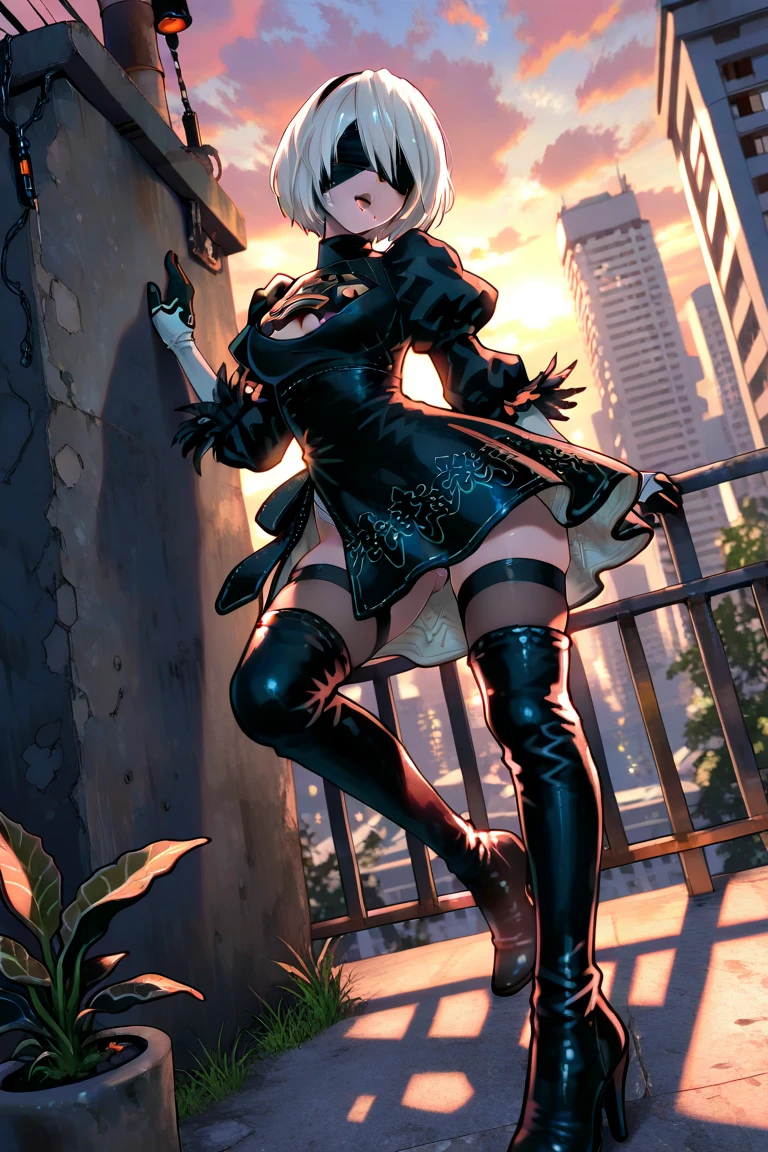 (Highest quality, 8K, masterpiece :1.3),2b,nier:Automata,Ass, One woman,,3,Gray Hair,nsfw,Alluring expression,Sexy pose,Blindfold,Plump body