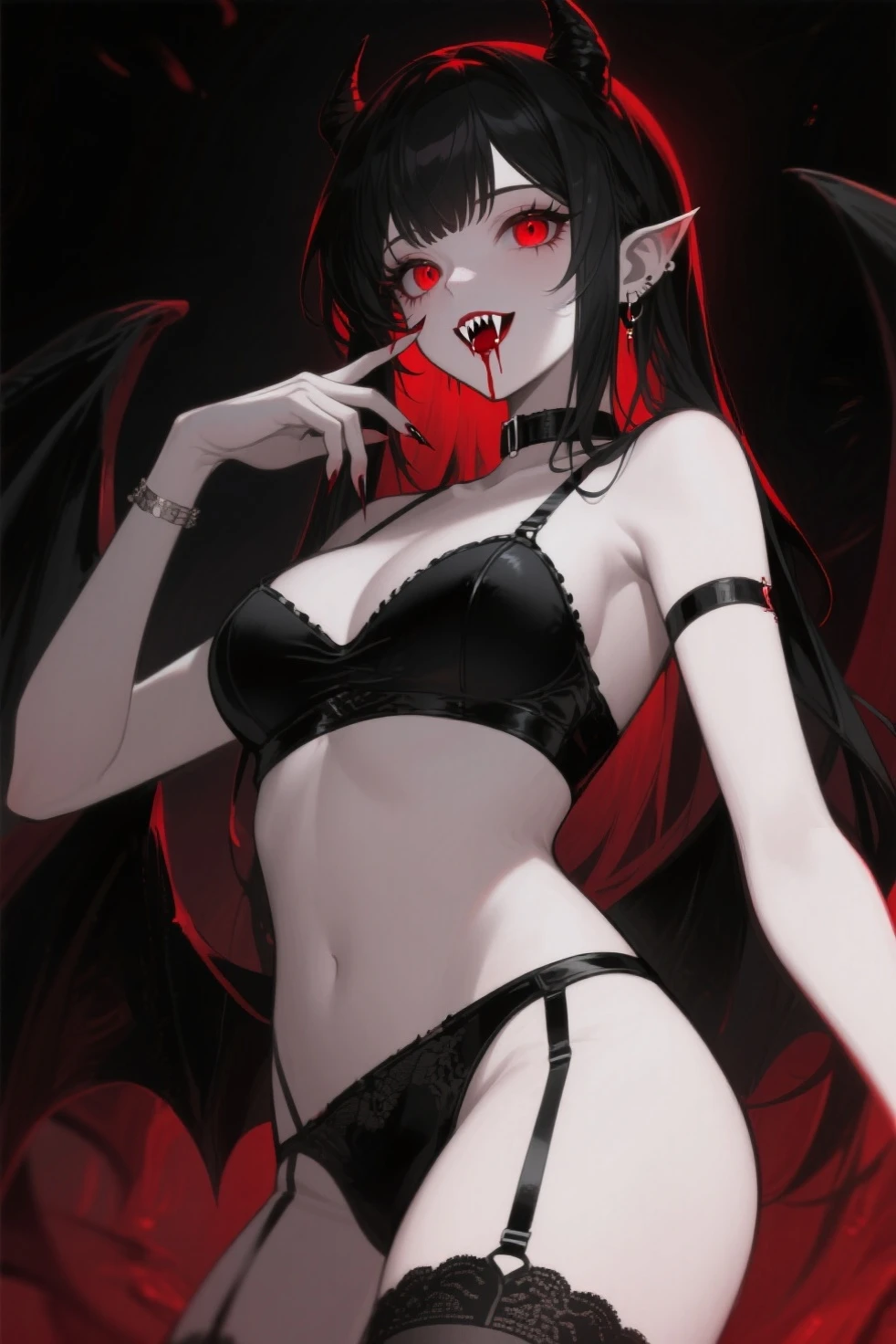 Dark style, black hair, white skin, red eyes, long hair,,underwear,succubus,sitting,Sweat,Soaked,transparent,Squatting,Back