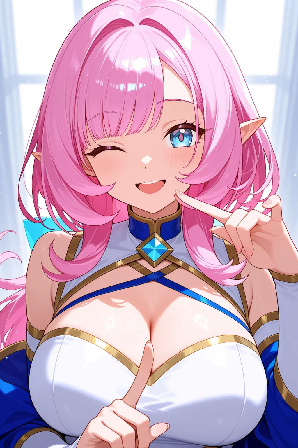 An anime girl with pink hair and pink clothes is sitting on a rock, anime goddess, Elf Girl, Elf Girl wearing an flower suit, shining pink armor, alluring elf princess knight, Lori, star guardian inspired, zerochan art, angel knight girl, splash art anime Lori, knights of zodiac girl, kinomoto sakura, sparkling magical girl, official artwork