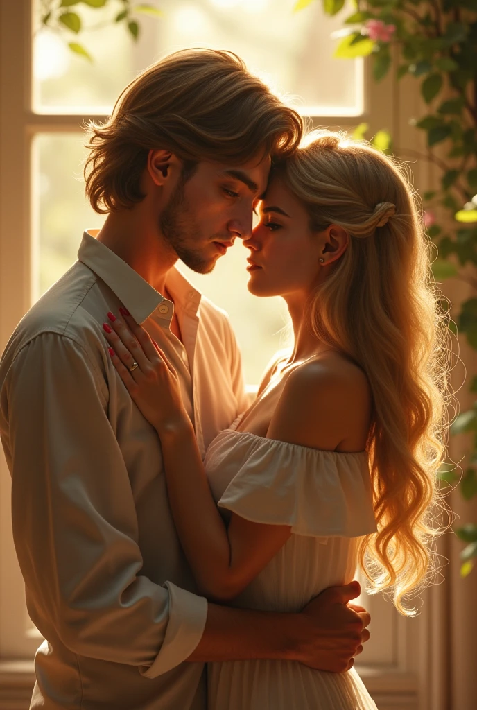 Full-body portrait of a beautiful sweet-faced girl wearing a light blue flowing dress with gold lines and a handsome, fair-skinned young man with long hair tied up on top, wearing a modern white and light blue shirt, wearing small, cute diamond jewelry that reflects light and sparkles, expressing their love for each other, looking into each other's eyes sweetly. The oil painting background is scattered with pastel orange.