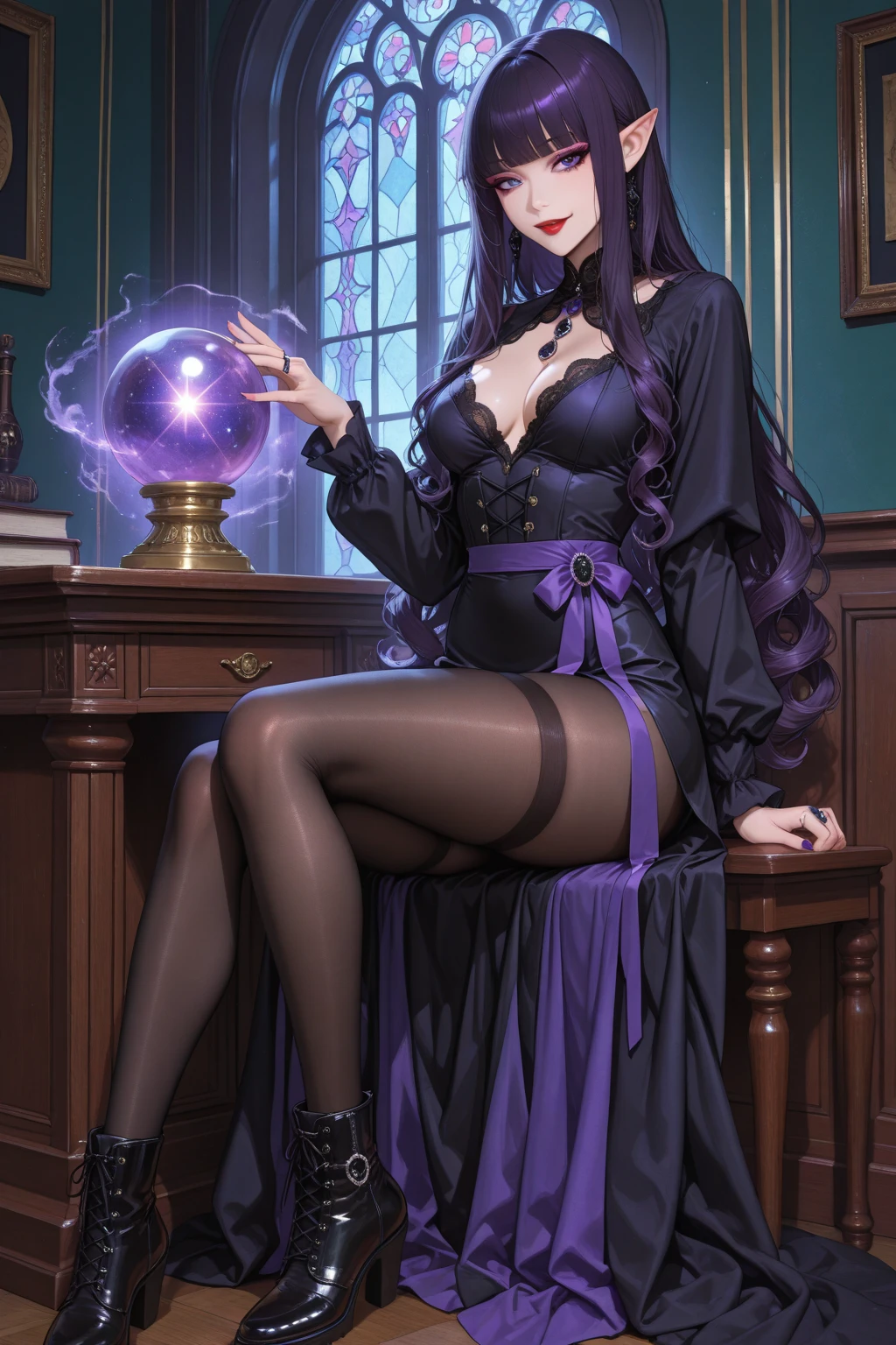 Dark style、Succubus、Devil's Daughter、Bat Wings,(((Demon Hornlack-rimmed round glasses))))、(((Colossal tits)))、(Devil's Tail),(Woman lying on bed)1 girl, Silver hair, striated hair, Bangs, Blunt bangs, Long hair, Pink hair, aqua eyes, longeyelashes, Purple eyes, makeup, Smile, Parted lips, Realism, Verism, surrealism, depth of fields, One-person viewpoint, retinas, masutepiece, ccurate, Anatomically correct, Textured skin,(Coarse short sweater)Floats off the shoulders、off shoulderlack tight skirt((Full Body Angle))、stick out buttocks)、(shapely breasts,)、((sexypose)))、(camel's toe), tongue、Vaginal orchids、Runny Vaginal Discharge、Blowing tide、Very beautiful breasts、Grasp your breasts with both hands、sexual excitement、 Expressions、shinny skin。realisitic、(Kpop Idol)、Medium Hair、(Pink blush)、(illuminating)、(solo)、dynamicposes、((erectile nipple))、(Puffy eyes:1.2)、 (Slim legs)、erotick