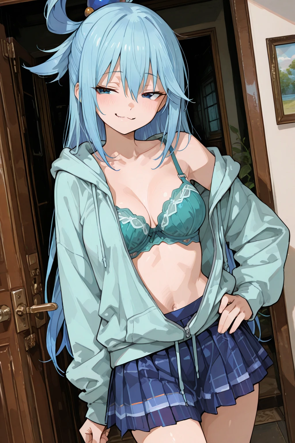 masterpiece, best quality, ultra-detailed, illustration, colorful, flat color, depth of field, 1girl, hoshimachi suisei, 1girl, blue eyes, beret, side ponytail, blue hair, mini crown, anime, (closeup), simple background, detailed skin texture, beautiful detailed face, whtie teeth, seductive grin, pantyhose, looking at viewer, alluring attire, collarbone, (small breasts, flat chest, slender, midriff, lace bra, lace panties, navel), shortstack, shortstackBT