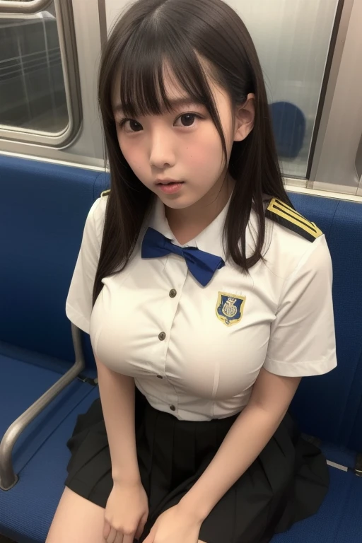 Highest quality, masterpiece, Ultra-high resolution, (reality: 1.4), Original photo, One Woman, mature, Smile, short hair, Plump body, , Cinema Lighting, From below, High school girl on a crowded train, Wear a uniform、ahegao、Stick Out Tongue