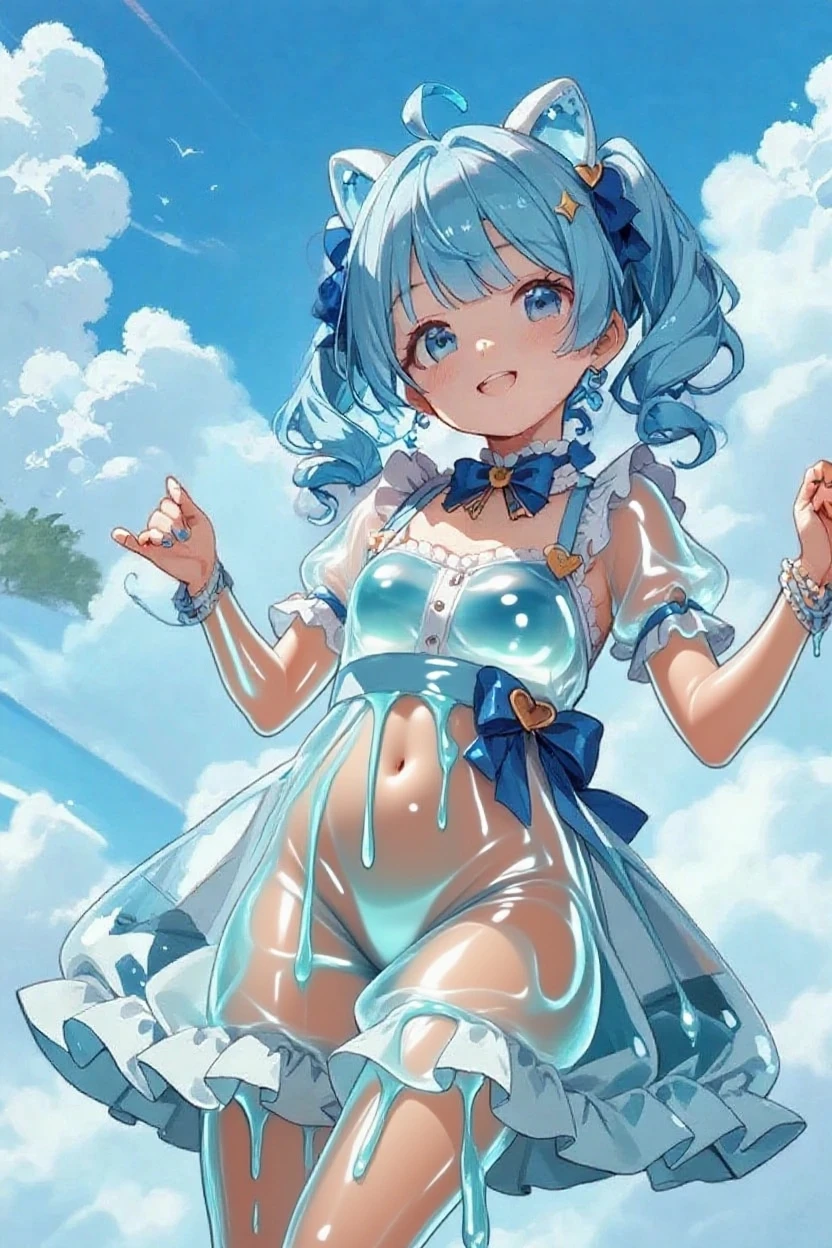 Peppermint Slime Skin , luminous translucency,Large Breasts，Happy, Flames shrouded，Sundress, Rich，slope, extreme，color, extreme，detail, Clear light perception, butt, (many, Impressionism, ), Anime Characters,Flowing flames,disheveled,Comfortable to wear,shattered，Chest contour,(((Wet clothes))),Pipe top,(((Ultra-thin clothing))),(Body model),((Body outline)),Grin, blush,Overactive Expression,cover crotch，water，Wind，land，enchanting，