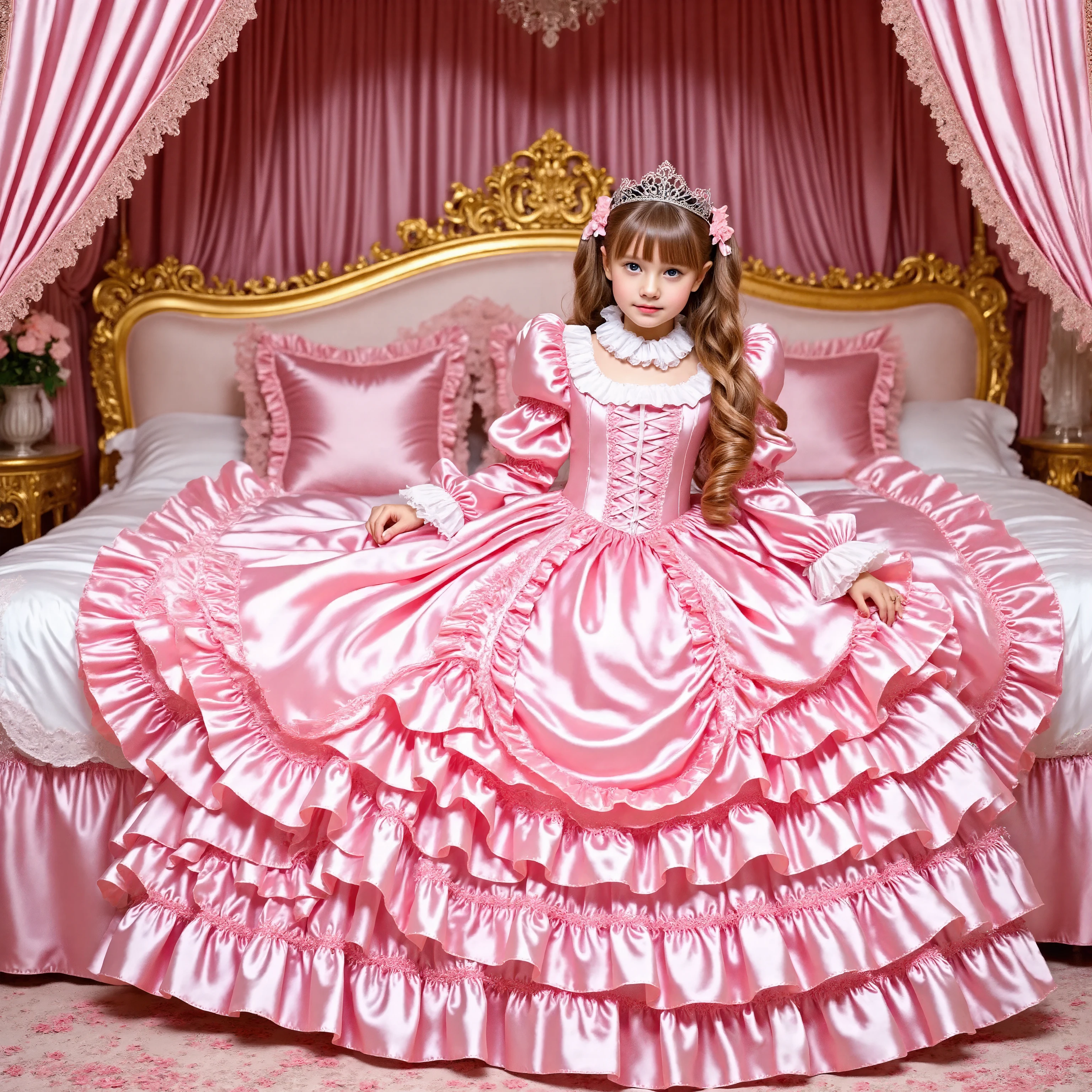Realistic,highest quality, masterpiece, highest resolution, artwork, super become familiar with, many be familiar with, be familiar with, become familiar with, romantic,woman, 10 years old,the girl is a princess,pink victorian dress, ((Gorgeous princess rococo ball gown dress with voluminous full-length hoop skirt)),long sleeve,long dress,A dress with lots of frills and ribbons,luxury,((Palace bedroom)),Huge Victorian canopy bed at the back,silk satin bed sheets,silk satin frilled pillows,