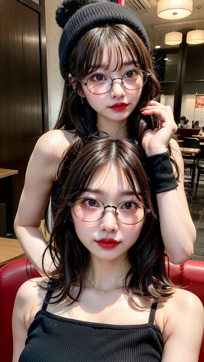 Photo Real、photoRealstic Dark hair、Short hair、Curled Hair、bangss drooing eyes、with round face、The contours of the face are round、Plump cheeks、small mouth eye glasses、Round glasses、Big glasses、Black-rimmed glasses、校服、White shirt、Red tie、Beige cardigan、Red skirt hi-school girl、sixteen years old、Soft thighs Faces close、Face Close-up、Staring at this、Grab the chest area with clothes、Leaning against the bookshelf、Blushing Background with、bookcase、Timber wall、wood floor、Dark place