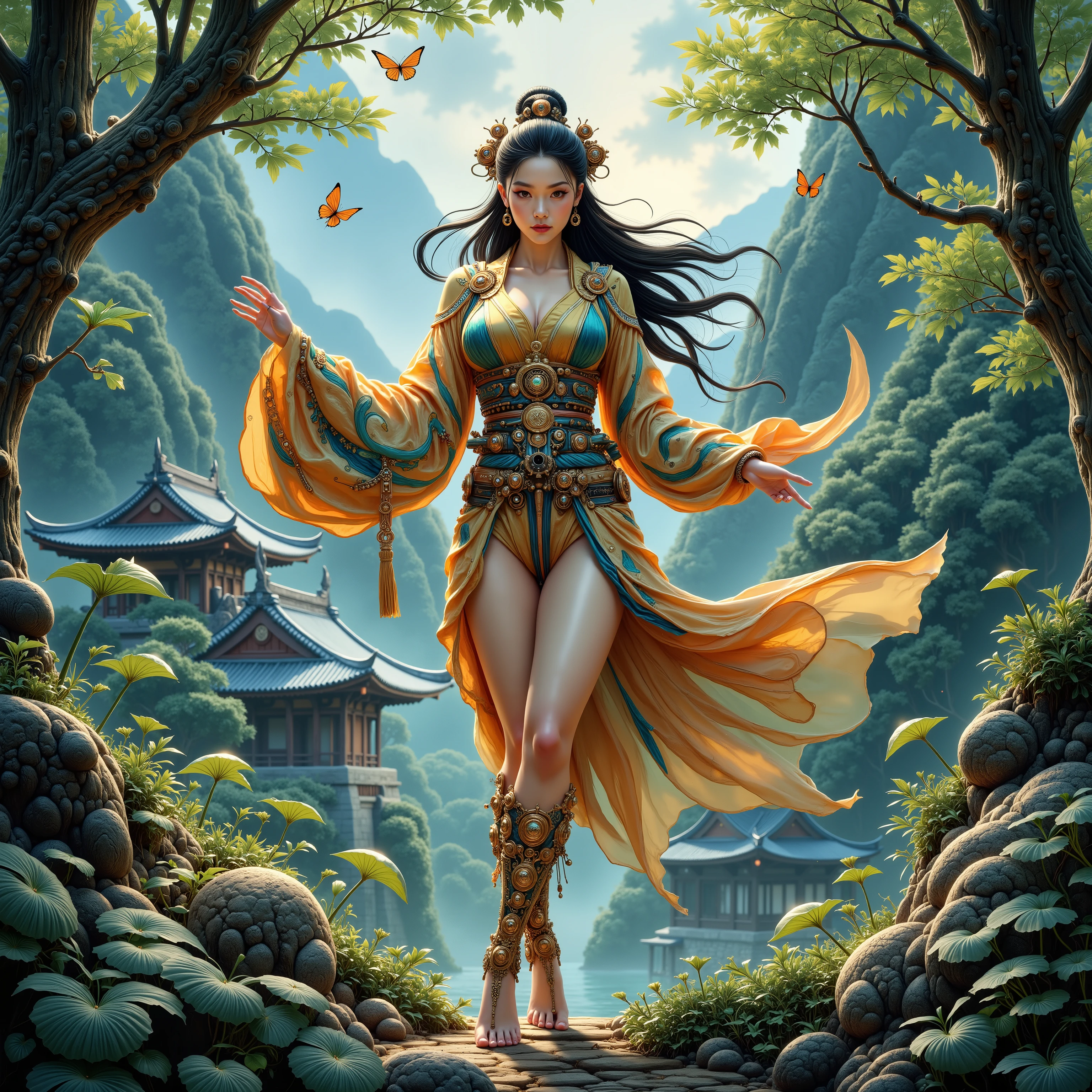 masterpiece, 8k, best quality, (best illustration), Frank Frazetta art, digital art, semi-realism, (frontal view: 1.2), full body, gorgeous Japanese woman, shinobi, outift with long patterned silk, she is dancing in the air, hovering above the ground, graceful pose, fluid motion, gorgeous face, perfect facial features, eyeliner, lush red lips, realistic eyes, detailed eyes, thighs+, hips+, (medium breasts++, (push-up cleavage), squished breasts, skindentation), anatomically correct, perfect anatomy, very pale skin, wet, long flowing hair, (ancient Japanese gold jewelry), surrounded by leaves and blades grass in a swirling wind, butterflies, (background: Japanese Sakura garden, Japanese architecture, Japaese Castle, high snow-capped mountains, Japan forest, lowland mist), high contrast, dark shadows, (best shadow), spots of light speckled through the shadowed areas, god rays, beautiful detailed glow, chiaroscuro, dramatic light, diffuse lighting, cinematic lighting, sculpture lighting, (foreground: bokeh), intricate detail, very detailed, high quality, high resolution, (low angle: 1.3)