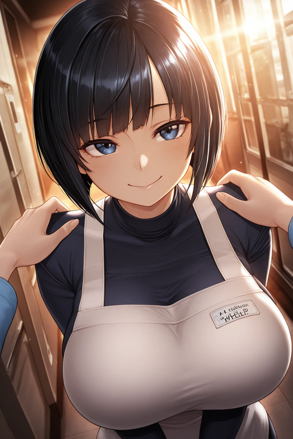 1girl, solo, breasts, looking at viewer, bangs, blue eyes, large breasts, black hair, cleavage, bare shoulders, medium breasts, closed mouth, collarbone, ponytail, sidelocks, indoors, bare arms, window, leaning forward, overalls, chainsaw, blue overalls
