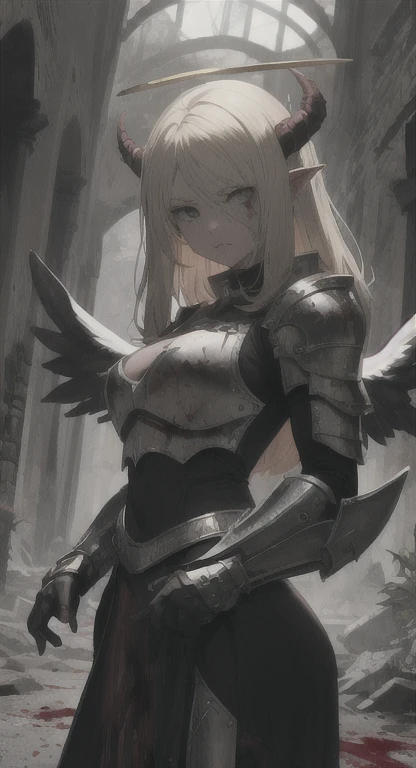 devil horns, angel wings, Halo, Glaring at viewer, slit pupils, cursed armor covered in blood, chimaera, Lilica covered in blood, medieval, village ruins, blood everywhere,