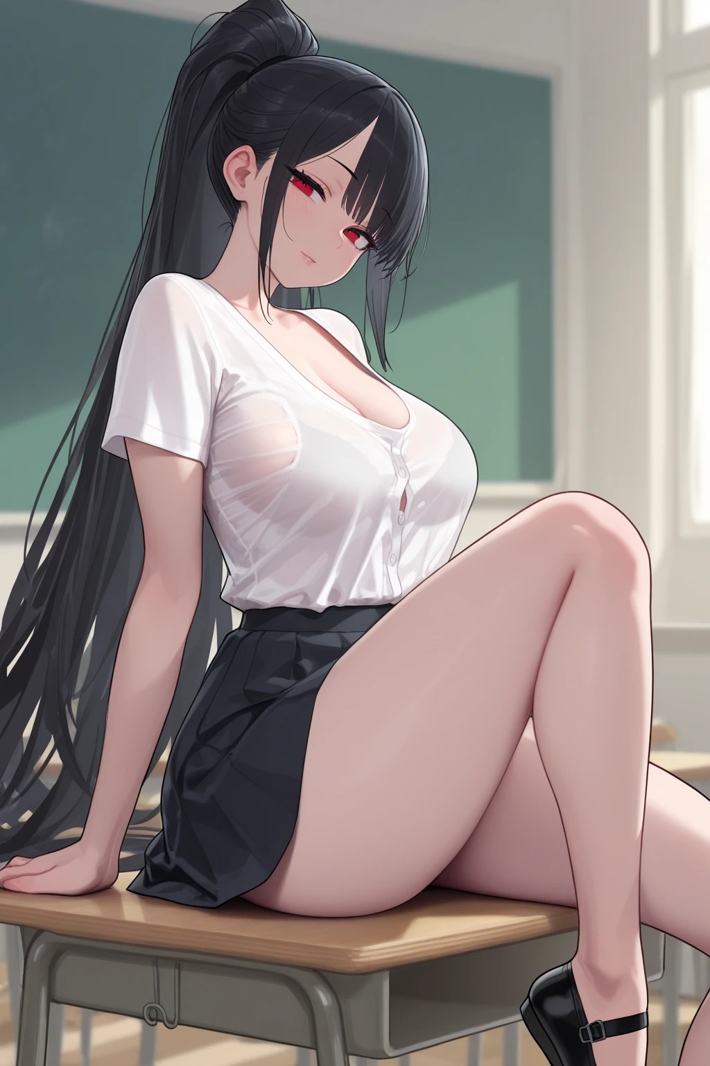 (((Keep your knees upright、Sit on the floor with your legs open)))、(((Skirt combing)))、(((Lace panties)))、hi-school girl、(wet by sweat)、White shirt with ribbon、pleatedskirt、Anadev, ((Strawberry panties))、Cowboy Shot、((Skirt flipping))、Black hair, Black eyes, The long-haired、​masterpiece, top-quality, breasts, Twin-tailed, White background, 鎖骨, tits out、full body Esbian, tusk, Solo, Simple background, Long sleeves, D, Open mouth, 1girl in, Large breasts, Bangs, Arm up, blush, Shy, Blunt bangs, cleavage、