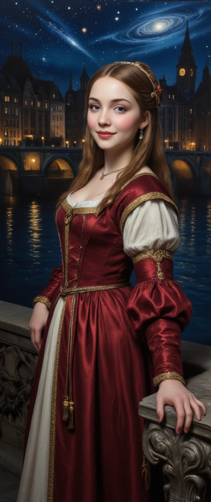 une femme debout, smirk, ((à Copenhague)), de face, (près du port de copenhague), ((statut de la sirène de Copenhague derrière elle)), jolie corps, beau visage, ((robe traditionnel danoise)), ((robe fermé rouge))