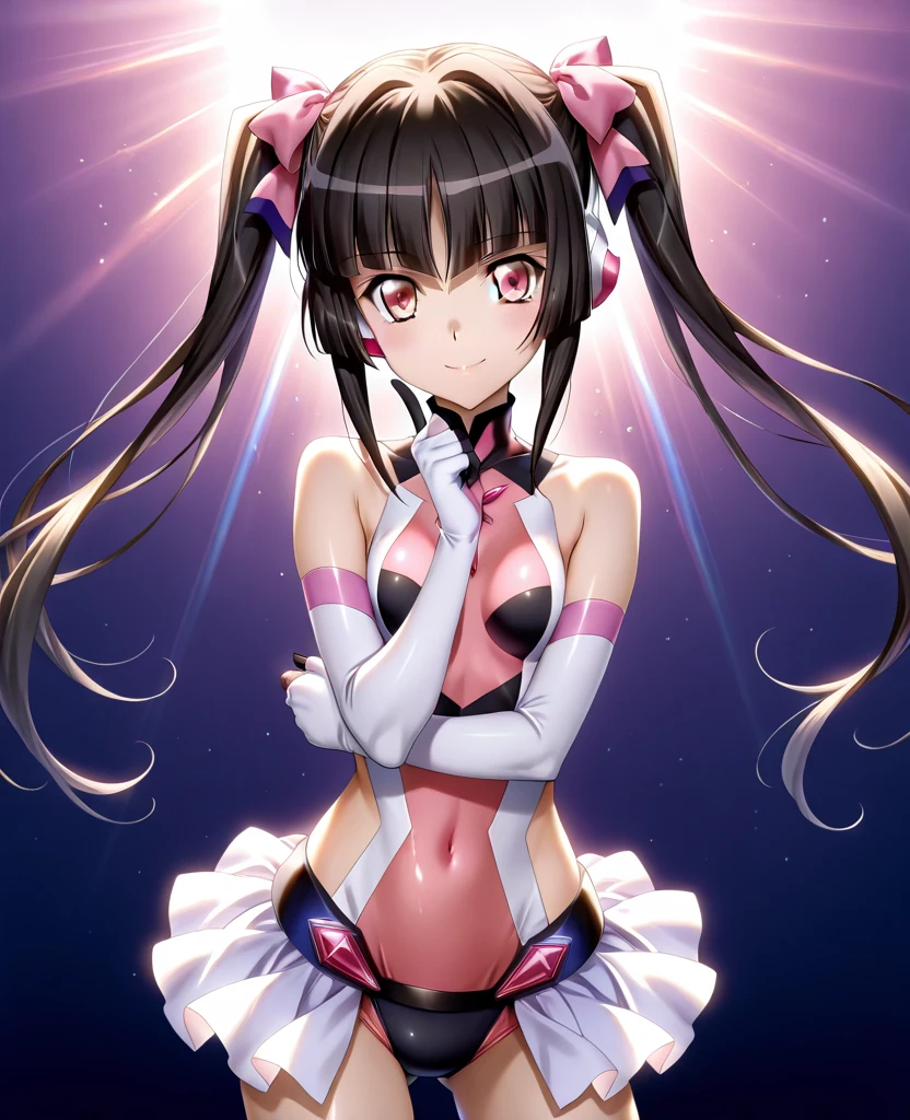 1girl,solo,cowboy shot,standing,(front view:1.2),(black hair:1.2), long hair, twintails, hair ribbon,(pink eyes:1.2),(beautiful fingers:1.4),(perfect anatomy:1.4),(arms_behind_back:1.6),BREAK,(pink bodysuit:1.4),multicolored bodysuit, (pink power ranger suit:1.4),medium breasts,beautiful breasts,masterpiece,best quality,(Ultra high definition eyes:1.2),8k,(Beautiful detailed eyes:1.2),(Fine and beautiful eyes:1.2),(pretty eyes:1.2),finely detail,extremely CG, absurdres,high resolution,illustration,Detailed and beautiful outlines,finely detail,high resolution,(colorful refraction:1.4,Increase saturation:1.2),beautiful lighting,dynamic lighting,closed room,black background,simple background, smile,looking at viewer,(haru_arisugawa),pink skirt, white boots, white gloves, belt, pink sleeves,