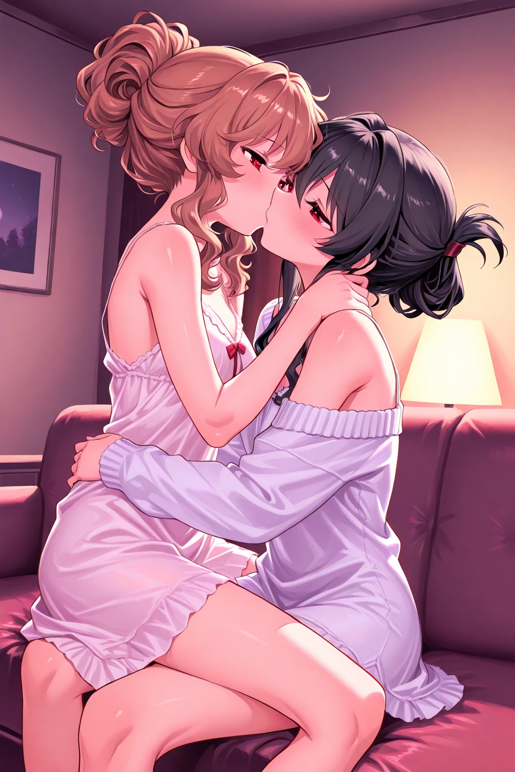 (((Put your hand in your panties)))、hug2Top quality talent Deep Kiss joy Intertwining tongues beautiful girl Black and blonde ponytail On the bed 、Pink is good、Pink Panties、Small breasts