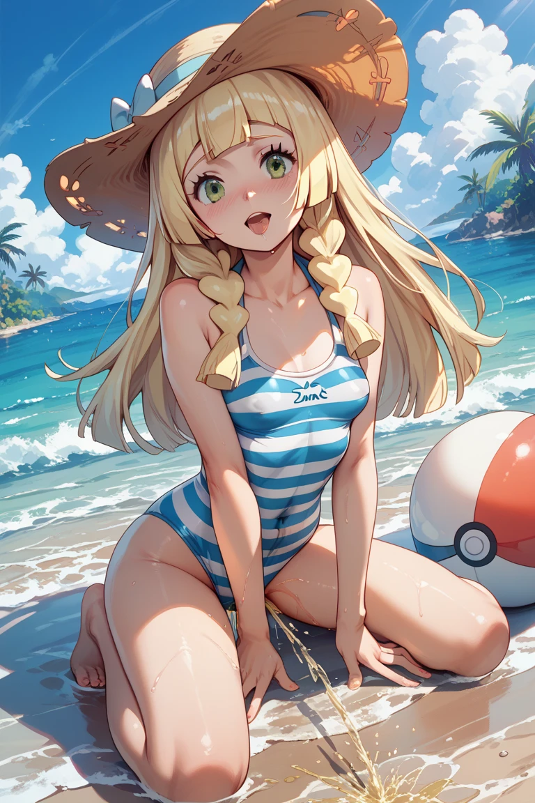 Pikachu con sombrero y gafas en la playa.