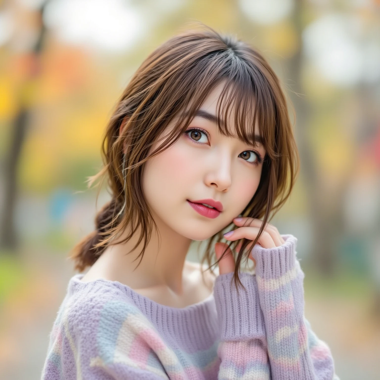 (highest quality, masterpiece:1.3, ultra high resolution), (Super detailed, caustics, 8k), (photorealistic:1.4, RAW shooting), 1 girl, (look at the camera with a smile), 20-year-old, cute, Japanese, gradient hair color, Wolf Bob Kat hairstyle, ponytail hairstyle, Natural lips, ((red scarf, maxi dress)), cleavage, bust up shot, face focus, Natural light, Backlight, (A bright light shines from above), (Lens flare), professional writing, perfect bodies, perfect arms, Perfect fingers, perfect legs, perfect hair, pores, Realistic skin texture, perfect teeth, (low position), (Low - Angle)