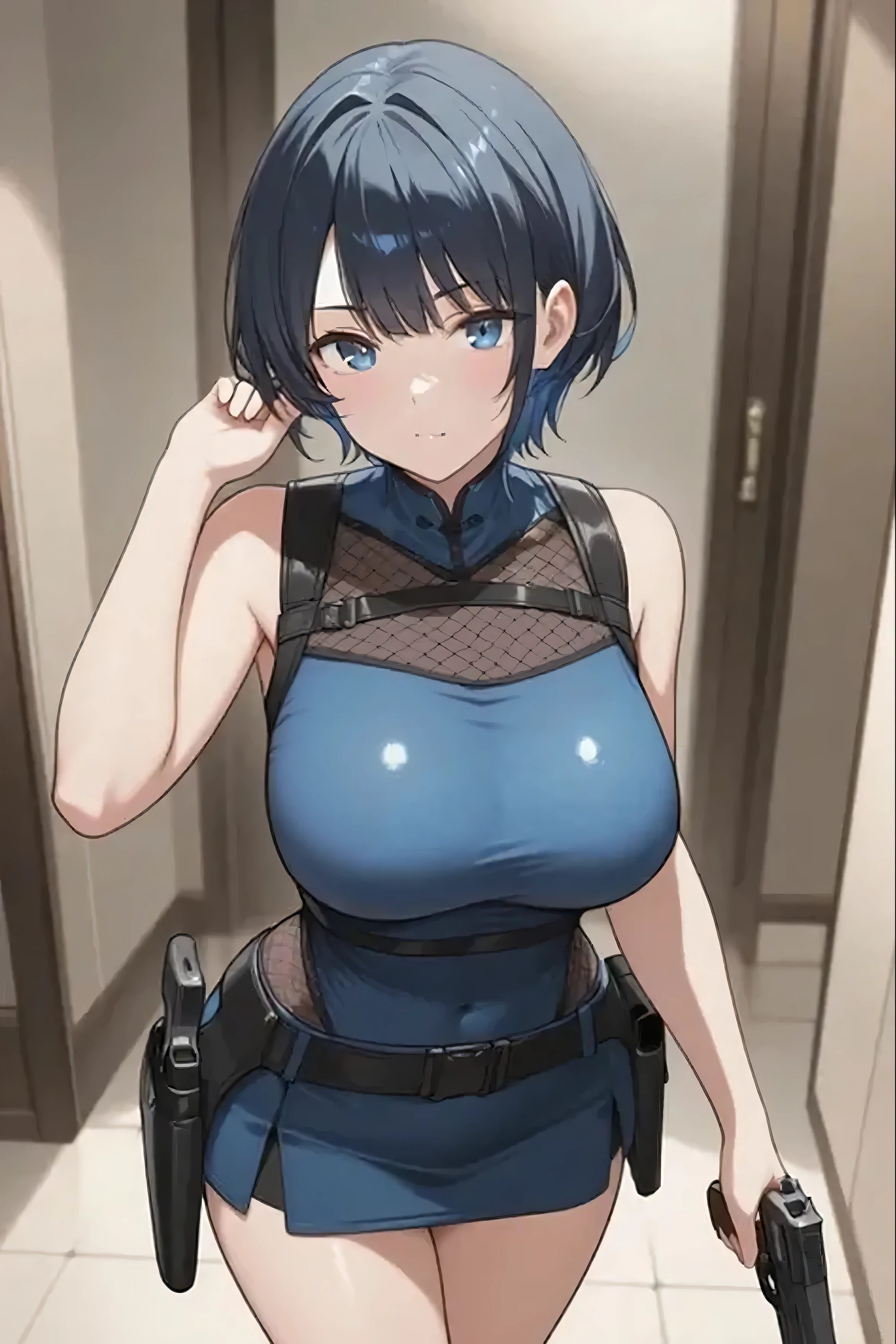Zombies Around,Jill, Jill・バレンタイン, 1 girl,blue eyes,short hair, brown hair, big breasts, looking at the viewer, brown hair, fight,black leotard,Black high-leg cut

