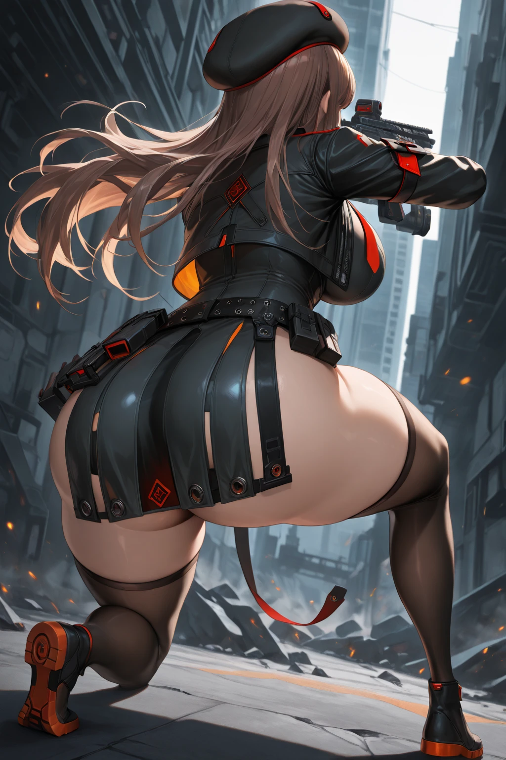 (Masterpiece), (top quality), (detailed hair), super detailed, anime style, full body, (cyberpunk:1.2), (cyberpunk art:1.2), (beasty female:1.2), (neck-length black-yellow hair:1.2), (gold eyes:1.1), (right arm converted to cybernetic claw:1.2), (huge terrifying claws:1.2), (mechanical heavy claws:1.2) (normal left hand:1.1), (cyber-kimono:1.1), (detailed clothes), (torn red scarf:1.2), (cyber horned:1.2), (heavy massive boots:1.2), wasteland background, whole body, standing in wasteland, fighting pose, (detailed face and eyes:1.2), (perfect anatomy), (round breasts), (bubble butt), (wide hips:1.1), (slim waist:1.1), (thick thighs:1.1), (detailed background), (perfect nails:1.1), (detailed hand and finger:1.2), (medium breasts:1.2), (busty), (deep cleavage:1.2).