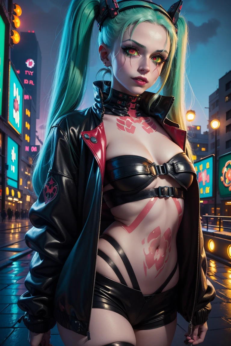 harley quinn, wearing a futuristic outfit, Futuristic greenery garden background, portrait close up view, high quality image