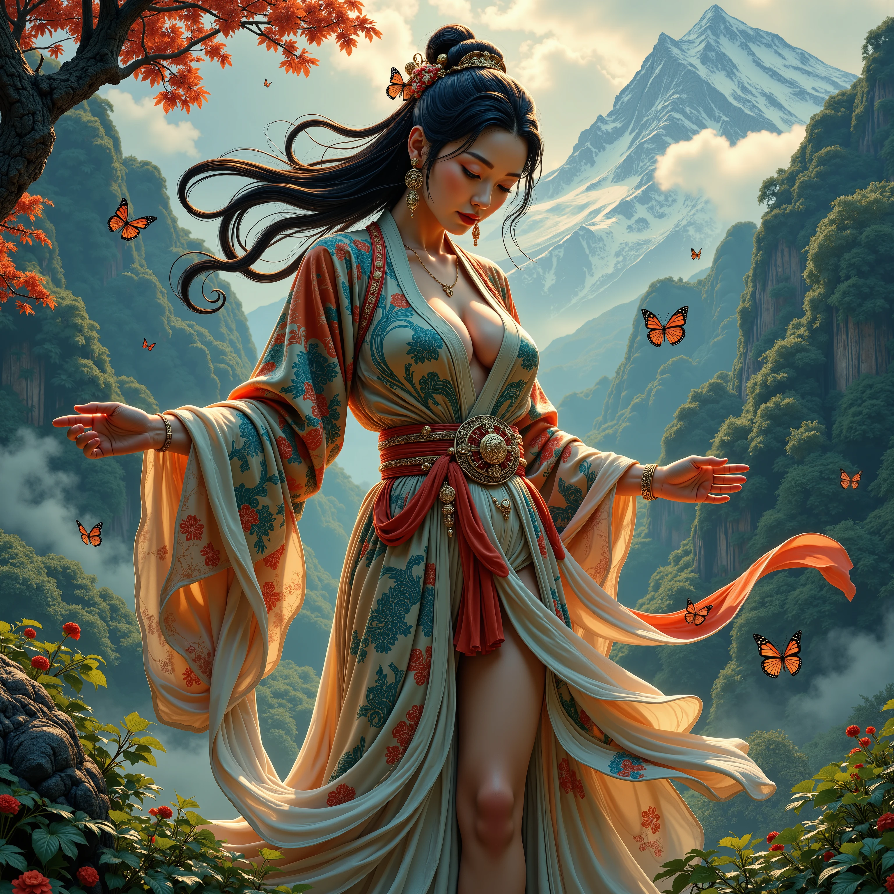 masterpiece, 8k, best quality, (best illustration), Frank Frazetta art, digital art, semi-realism, (frontal view: 1.2), full body, gorgeous Japanese woman, shinobi, outift with long patterned silk, she is dancing in the air, hovering above the ground, graceful pose, fluid motion, gorgeous face, looking down and to the side, perfect facial features, eyeliner, lush red lips, realistic eyes, detailed eyes, thighs+, hips+, (medium breasts++, (push-up cleavage), squished breasts, skindentation), anatomically correct, perfect anatomy, very pale skin, wet, long flowing hair, (ancient Japanese gold jewelry), surrounded by leaves and blades grass in a swirling wind, butterflies, (background: Japanese Sakura garden, Japanese architecture, Japaese Castle, high snow-capped mountains, Japan forest, lowland mist), high contrast, dark shadows, (best shadow), spots of light speckled through the shadowed areas, god rays, beautiful detailed glow, chiaroscuro, dramatic light, diffuse lighting, cinematic lighting, sculpture lighting, (foreground: bokeh), intricate detail, very detailed, high quality, high resolution, (low angle: 1.3)