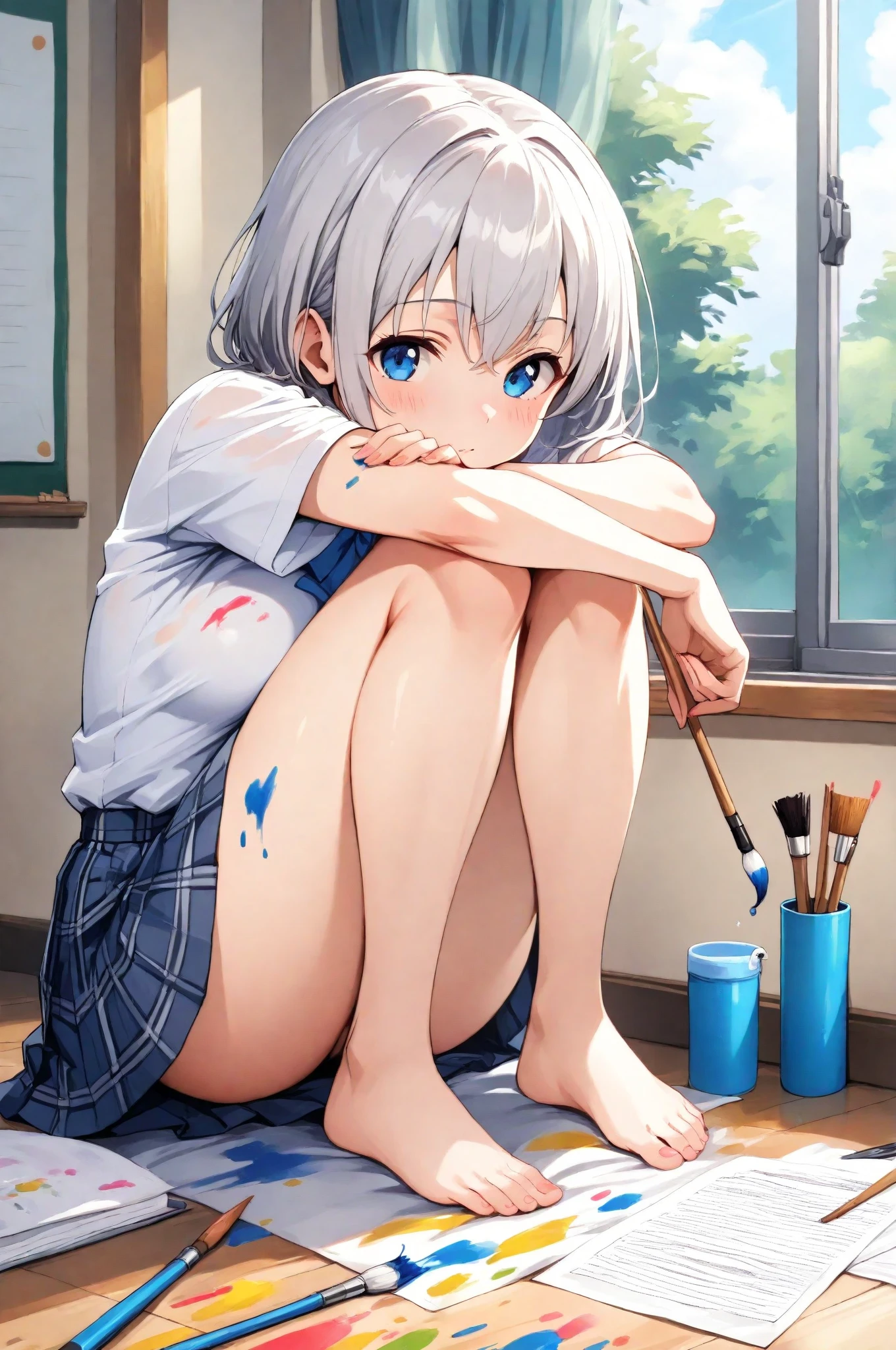 hiten kei style, claude monet style, oil painting, ((topless)), nsfw, masterpiece, 1 girl, erect nipples, intricately detailed, navel, bare shoulders, dirty gray hair, necklace, extremely detailed, bare breasts, puffy nipples, blue eyes, bare stomach, medium breasts, bracelets, teen, soft eyes, sweaty, happy, half open eyes, 1 ear visible, side bangs, sleepy eyes, large nipples, lifeless eyes, sitting, full body, denim pants, bench, studio, window, blinds, huge nipples, long nipples, slim waist, saggy breasts, mole under the eye, short hair, hoop earrings, body paint, paint canvas, pixie cut hair, wet, wet body, ribcage, ripped jeans