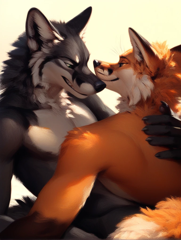 Loona, female, long hair, tail, busty, round butt, tail. naked. Hugging and kissing male boyfriend wolf, naked, muscular, tail, round butt, hd 8k, no clothing,