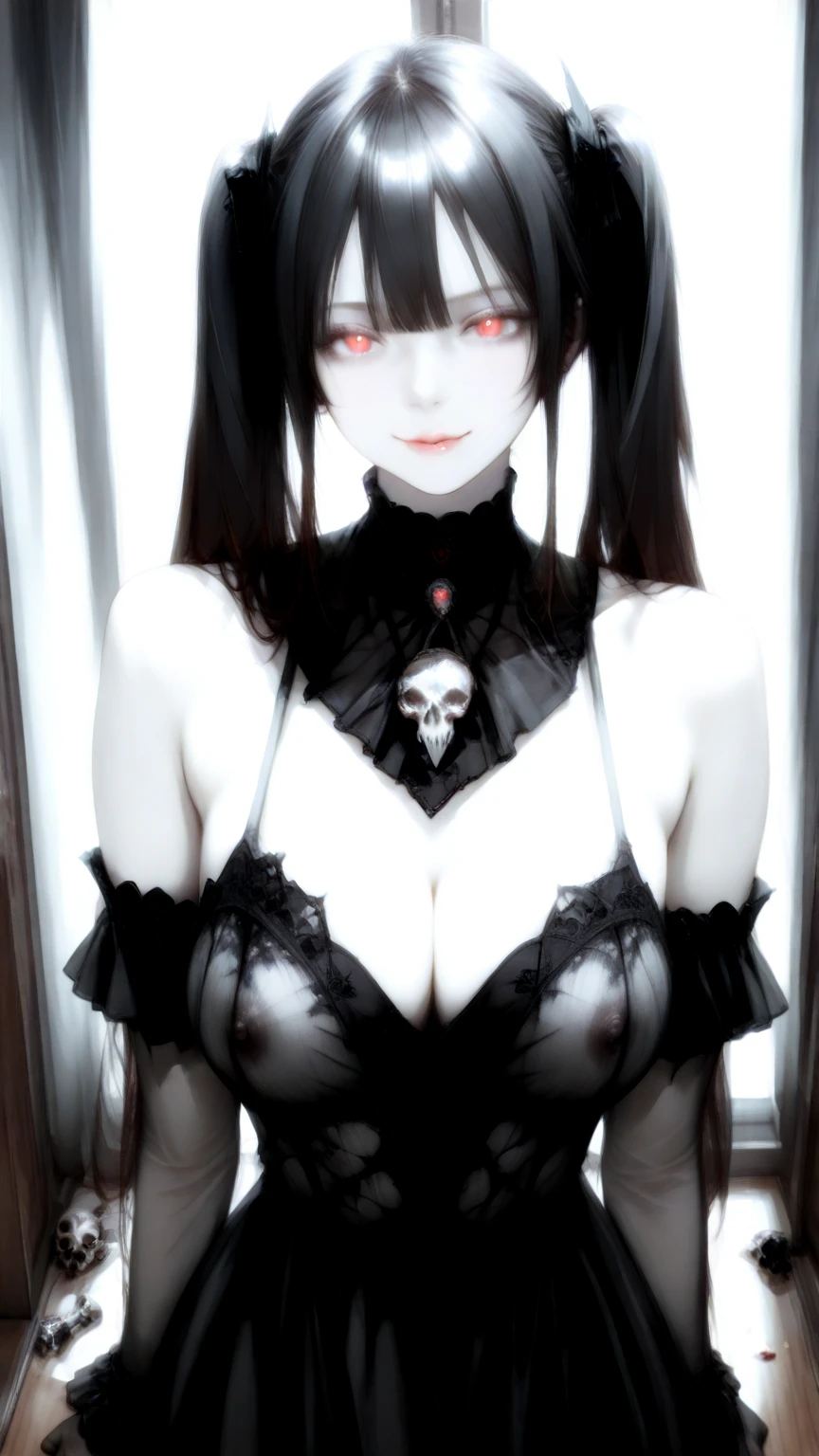 (masterpiece:1.2, Highest quality), (Actual Photos, Intricate details), (1 female, alone,whole body、 Small breasts) ,Scary atmosphere、Distorted facial expressions、Blood splatter、Cuts on the face、burns on the face、whole body、Punk Fashion、Long Hair、Long bangs、Twin tails、Black Hair、(((Dark circles under the eyes)))、Pale skin、Feeling unwell、Pathological、Wicked Smile、Evil Eye、(Grin)Dramatic makeup,Create mixed media art、White Background