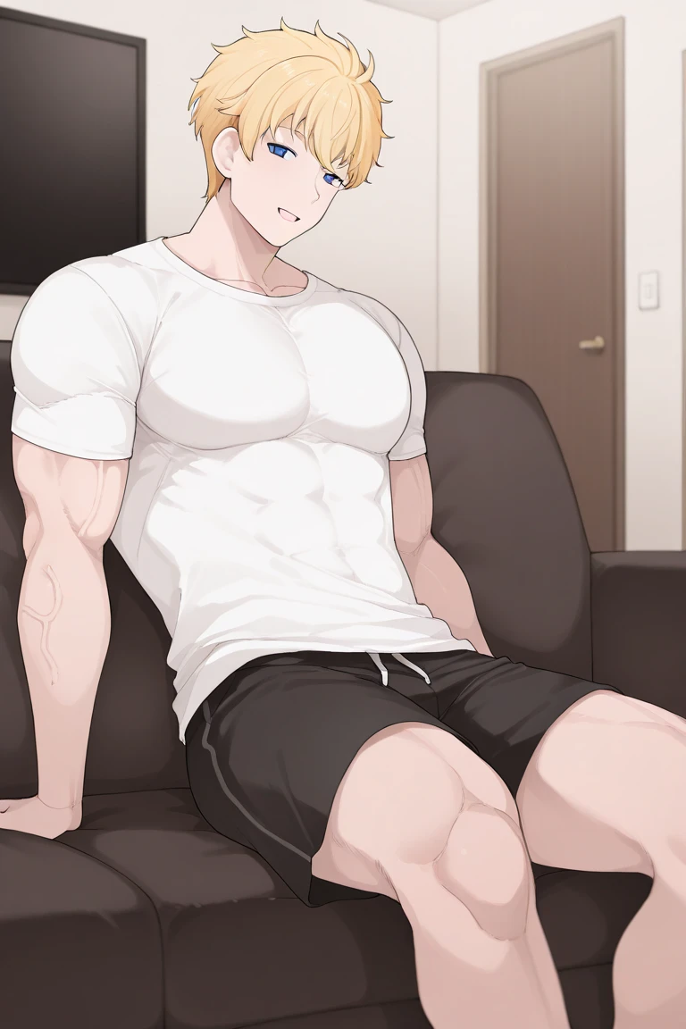masterpiece, best quality, male focus, 1boy, solo, muscular male, bara, wolf ears, shirt, shirt lift, lifted by self, abs, shorts, sneakers, , on floor, looking away, blonde hair, blue eyes, short hair