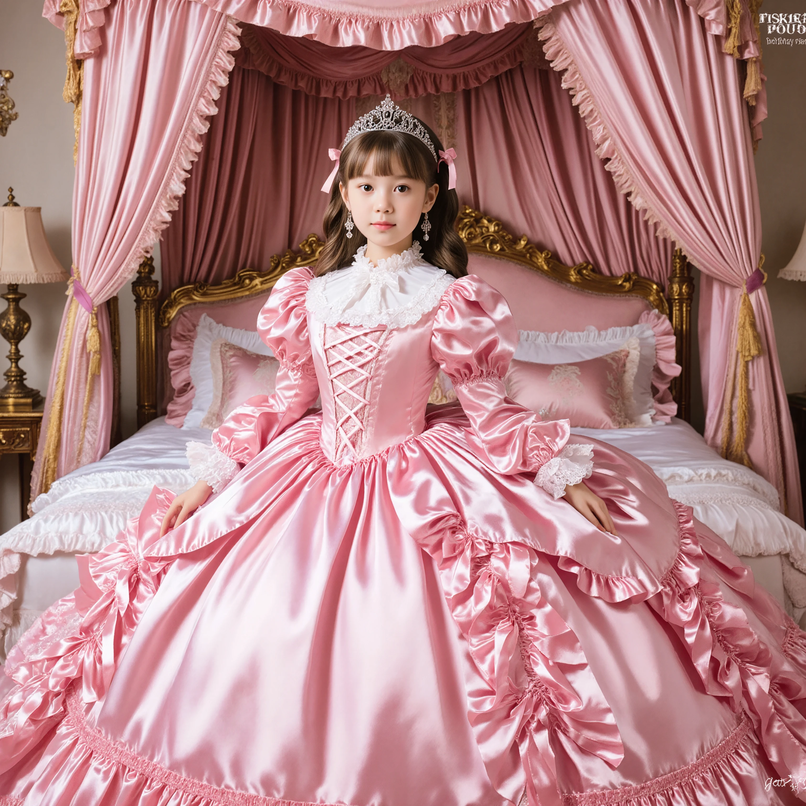 Realistic,highest quality, masterpiece, highest resolution, artwork, super become familiar with, many be familiar with, be familiar with, become familiar with, romantic,woman, 10 years old,the girl is a princess,pink victorian dress, ((Gorgeous princess rococo ball gown dress with voluminous full-length hoop skirt,lot of ribbons on the dress)),long sleeve,long dress,A dress with lots of frills and ribbons,luxury,((Palace bedroom)),Huge Victorian pink canopy bed at the back,silk satin bed sheets,silk satin frilled pillows,