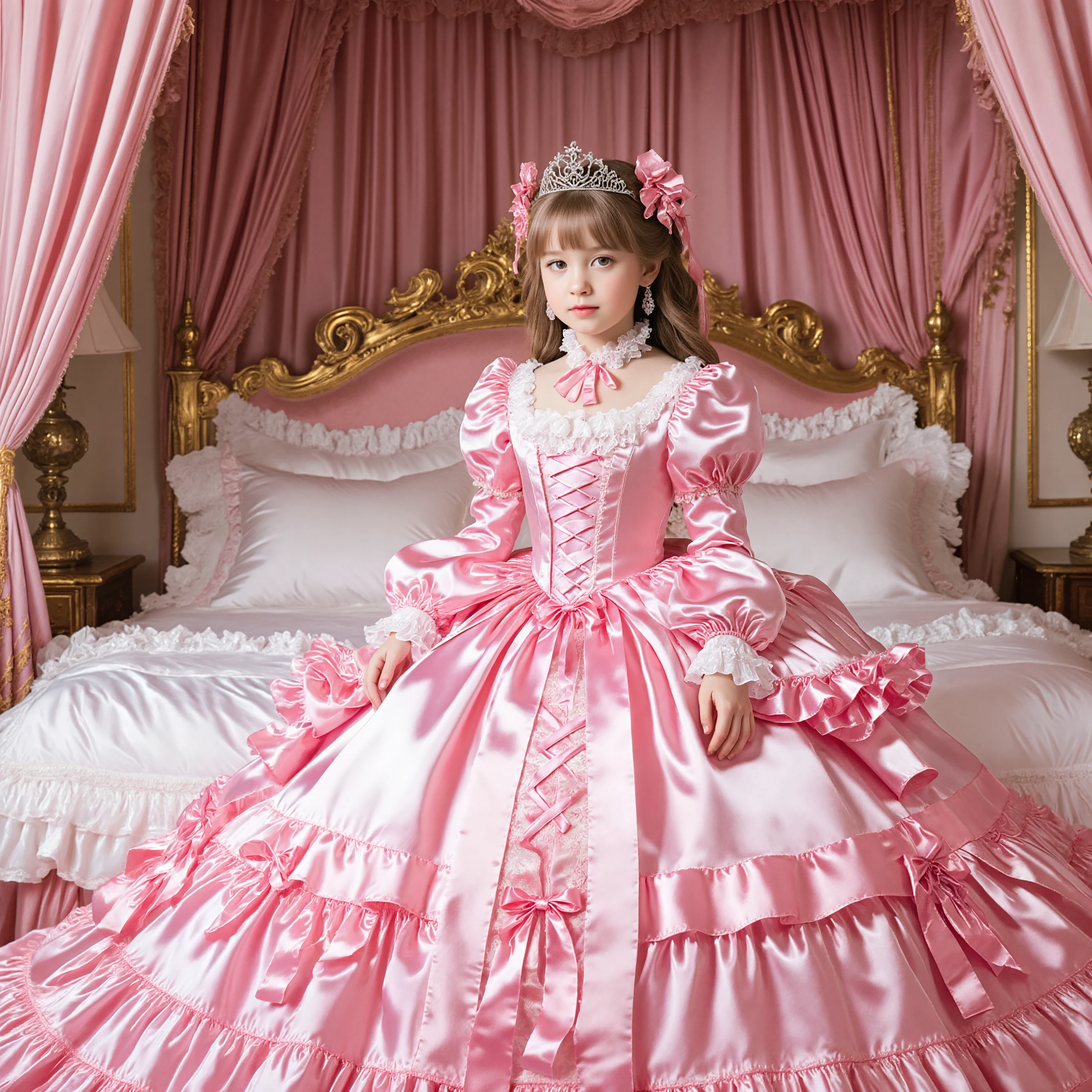 Realistic,highest quality, masterpiece, highest resolution, artwork, super become familiar with, many be familiar with, be familiar with, become familiar with, romantic,woman, 10 years old,the girl is a princess,pink victorian dress, ((Gorgeous princess rococo ball gown dress with voluminous full-length hoop skirt,lot of ribbons on the dress)),long sleeve,long dress,A dress with lots of frills and ribbons,luxury,((Palace bedroom)),Huge Victorian pink canopy bed at the back,silk satin bed sheets,silk satin frilled pillows,